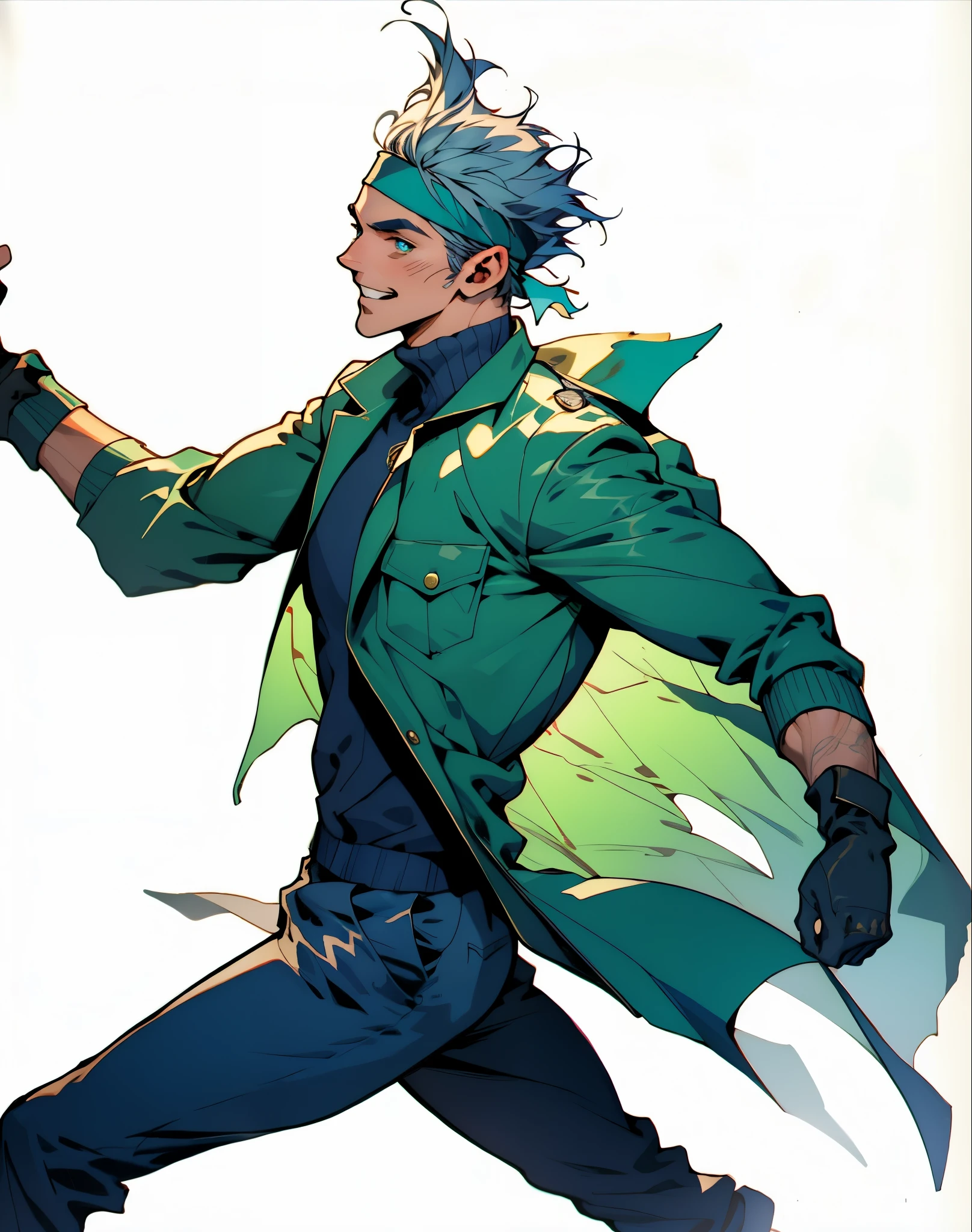 A man with messy grass-green short hair, a white headband tied around his forehead to cover his eyebrows, sharp-eyed with profound eye makeup, distinct facial features, grinning with bared teeth, tall and slender yet sturdy figure, a fantasy-realism style light blue coat, a dark tight-fitting undershirt, fingerless gloves, coarse cloth trousers, as he races forward, his hair and coat tails flutter in the wind, speed lines, a high-speed scene, this character embodies a finely crafted fantasy-realism style rogue in anime style, exquisite and mature manga art style, high definition, best quality, highres, ultra-detailed, ultra-fine painting, extremely delicate, professional, perfect body proportions, golden ratio, anatomically correct, symmetrical face, extremely detailed eyes and face, high quality eyes, creativity, RAW photo, UHD, 32k, Natural light, cinematic lighting, masterpiece-anatomy-perfect, masterpiece:1.5