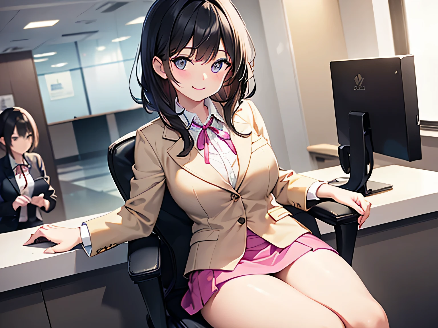 (Masterpiece, top quality, high resolution, realistic photo, realistic looking skin:1.1),
(Women are receptionists, serving customers in office chairs inside the general reception counter:1.8),
(She has a smiling expression:1.5), 
(She is wearing a pink blazer and pink mini-skirt setup:1.8),
(The blazer and inner shirt are all buttoned up:1.8),
(She is wearing black pumps on her feet:1.5),
(She is wearing a ribbon around her neck: 1.5),
(She has medium black hair: 1.5),
(Located in an office chair inside the general reception counter of the convention center:1.5),
Full bodied esbian, beautiful eyes, shining eyes, shining thighs, NSFW.