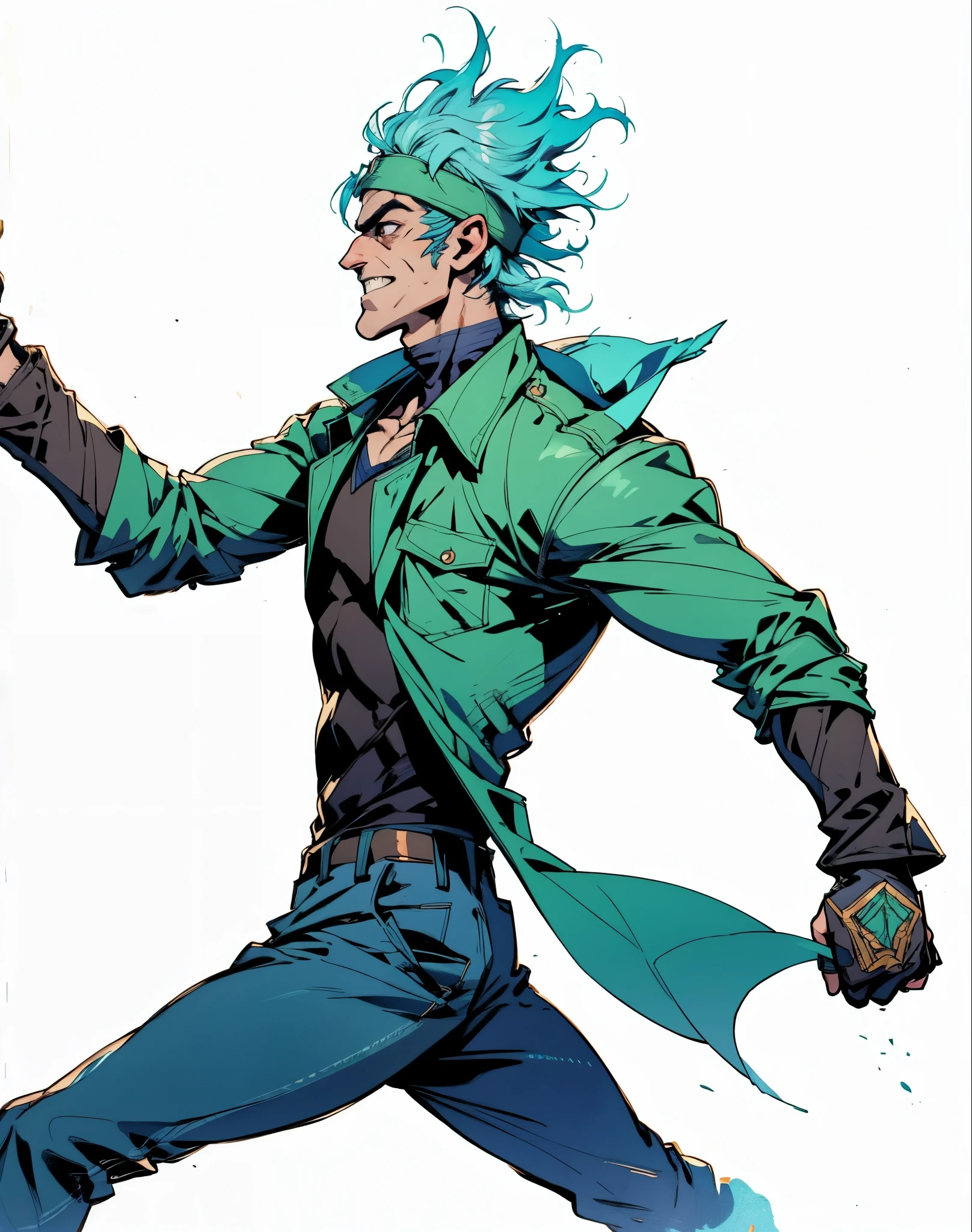 A man with messy grass-green short hair, a white headband tied around his forehead to cover his eyebrows, sharp-eyed with profound eye makeup, distinct facial features, grinning with bared teeth, tall and slender yet sturdy figure, a fantasy-realism style light blue coat, with a dark tight-fitting undershirt underneath, fingerless gloves, coarse cloth trousers, as he races forward, his hair and coat tails flutter in the wind, speed lines, a high-speed scene, this character embodies a finely crafted fantasy-realism style rogue in anime style, exquisite and mature manga art style, high definition, best quality, highres, ultra-detailed, ultra-fine painting, extremely delicate, professional, perfect body proportions, golden ratio, anatomically correct, symmetrical face, extremely detailed eyes and face, high quality eyes, creativity, RAW photo, UHD, 32k, Natural light, cinematic lighting, masterpiece-anatomy-perfect, masterpiece:1.5