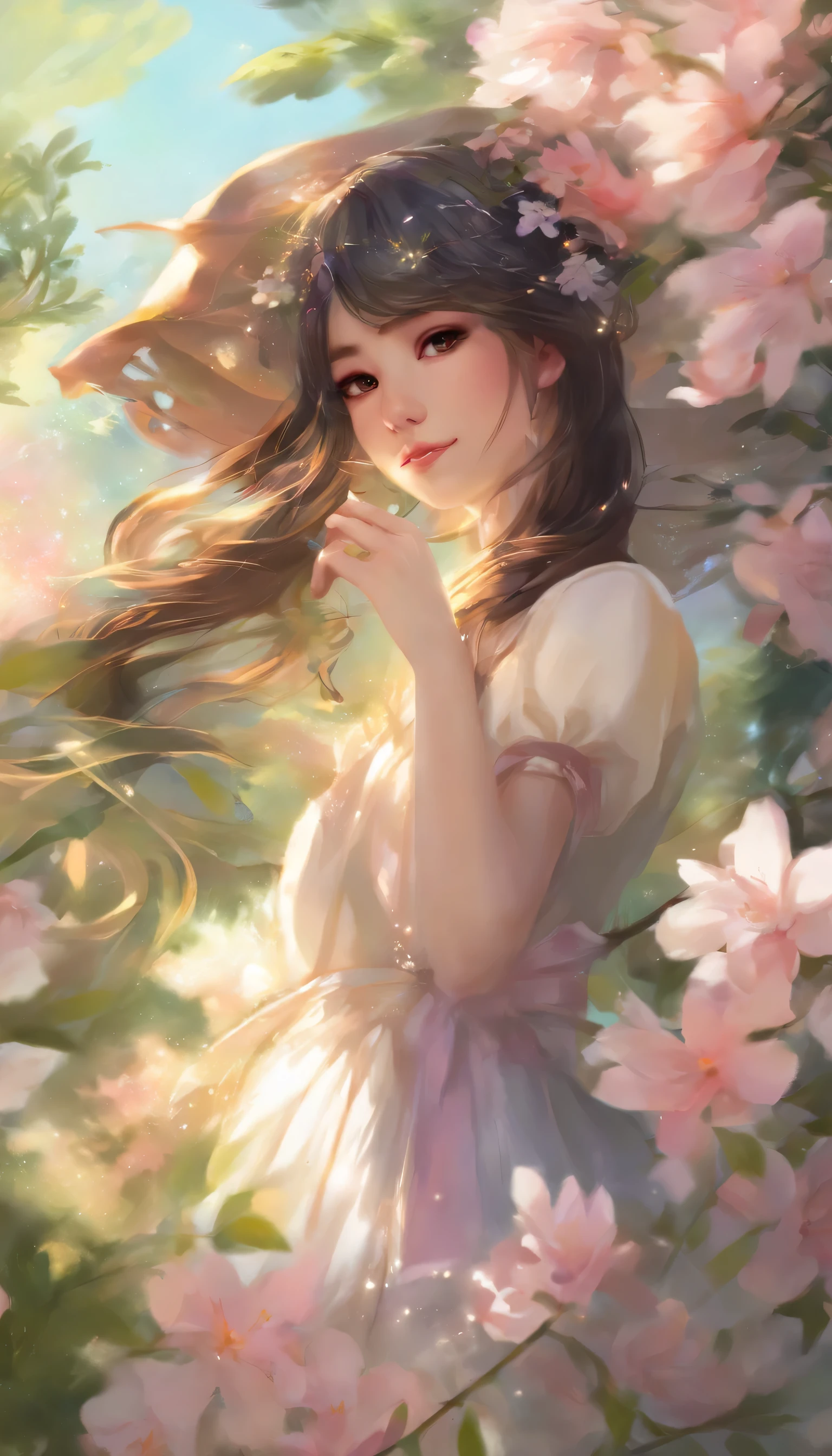 (best quality,photorealistic:1.2),1girl,solo,detailed face,face focus,standing,black hair,(hair ornament:1.35),office lady,ribbon-trimmed sleeves,detached sleeves,ribbon trim,wide sleeves,(looking at viewer:1.5),long hair,black eyes,bangs,lips,illustration,ultra-detailed,realistic,vivid colors,soft lighting,lush garden,greenery,flowers,summer,gentle breeze,Sunbathing,peaceful surroundings,relaxing atmosphere,quiet colors,happiness,confidence,apple blossoms,professional,bokeh