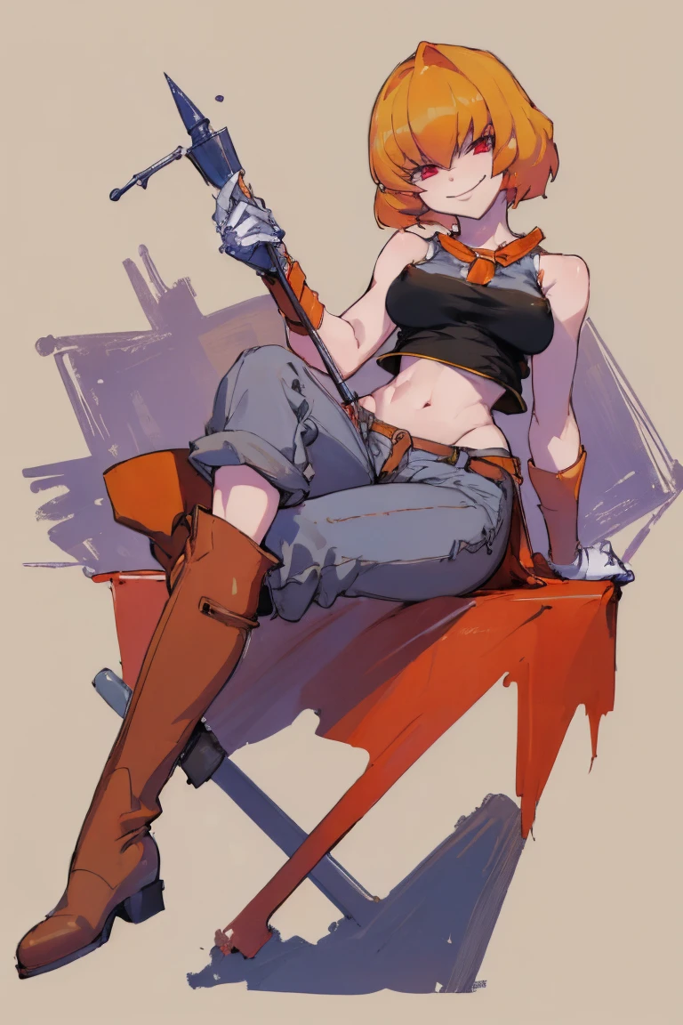 ((highest quality)), ((masterpiece)), (be familiar with),Clementine,Overload,{{nsfw}},Sleeveless shirt,pants,Bewitching Smile,whole body,boots