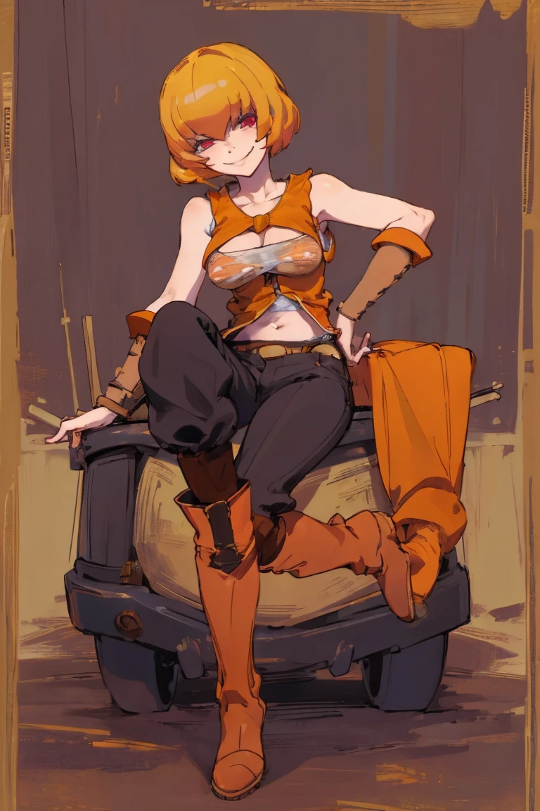 ((highest quality)), ((masterpiece)), (be familiar with),Clementine,Overload,{{nsfw}},Sleeveless shirt,pants,Bewitching Smile,whole body,boots