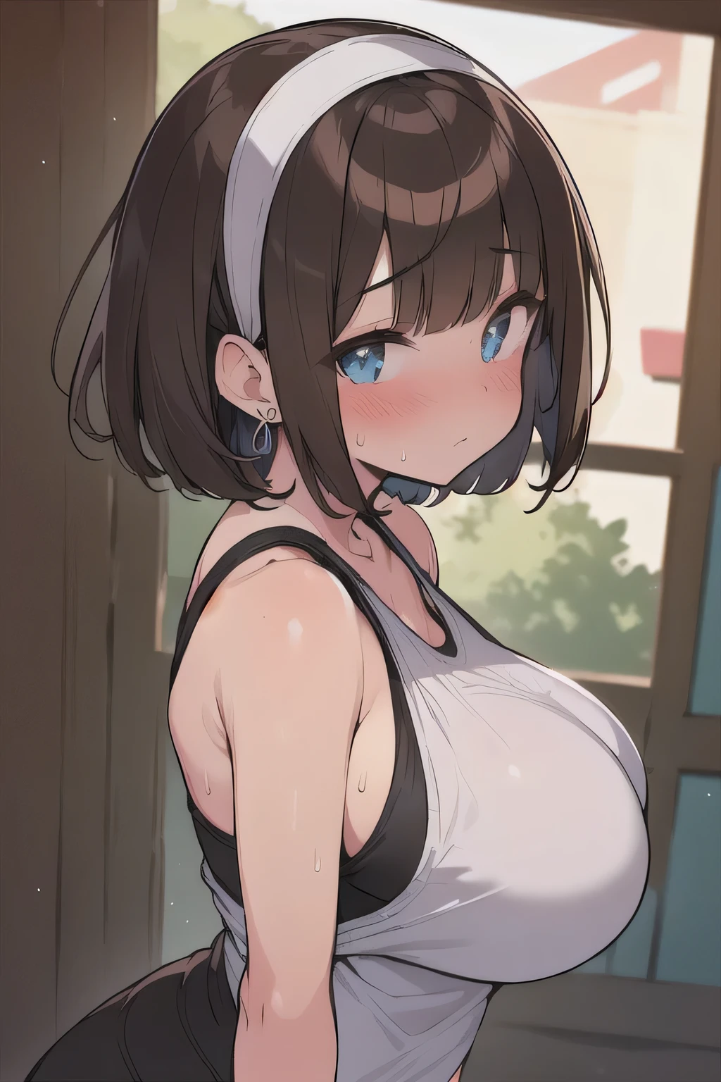 (best quality), (Super detailed), (Best Illustration), (1woman), look at viewer, from side, (gym clothes), (Big Breasts:1.2), {brown hair, (bob cut:1.2), curly hair, hairs between eyes}, {(detailed eyes), heart-shaped pupils, blue eyes}, blush, sweat, steam, earrings, white hairband,