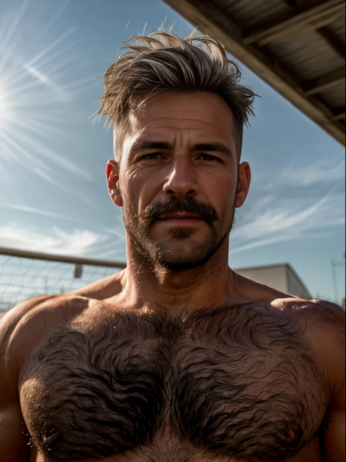 masterpiece, best quality, high resolution, closeup portrait, male focus, solo focus, A man, 60 years old, grey hair, soccer player, football player, grey silver hair, messy hairstyle, cute and seductive face, bare chest, body hair, scruffy look, facial hair, roman nose, very skinny body, hairy legs, cute, dimples, goatee and mustache, bold jawline , full body, sweaty, in the background an outdoor soccer football field,  view from below, amazing composition, front view, HDR, ultra quality, elegant, highly detailed, fully naked, beautiful penis, realisric male genitalia, male penis, penis, cock, dick, veiny dick