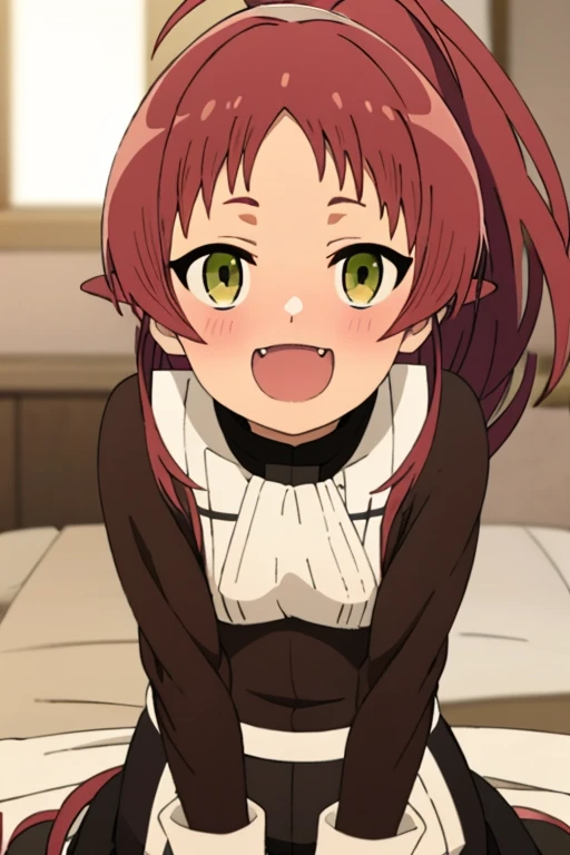 ((highest quality)), ((masterpiece)), (be familiar with), Perfect Face, indoor, Bedroom, Watching the audience,
One woman, Aisha Greyrat,
Open Mouth, Ecstatic expression, blush, smile,
Small breasts, Flat Chest, Young Girl, , , Girl,
Long Hair, Red Hair, Yellow-green eyes, ponytail,
Gym suit, White short sleeves, black shorts, Leg spread,