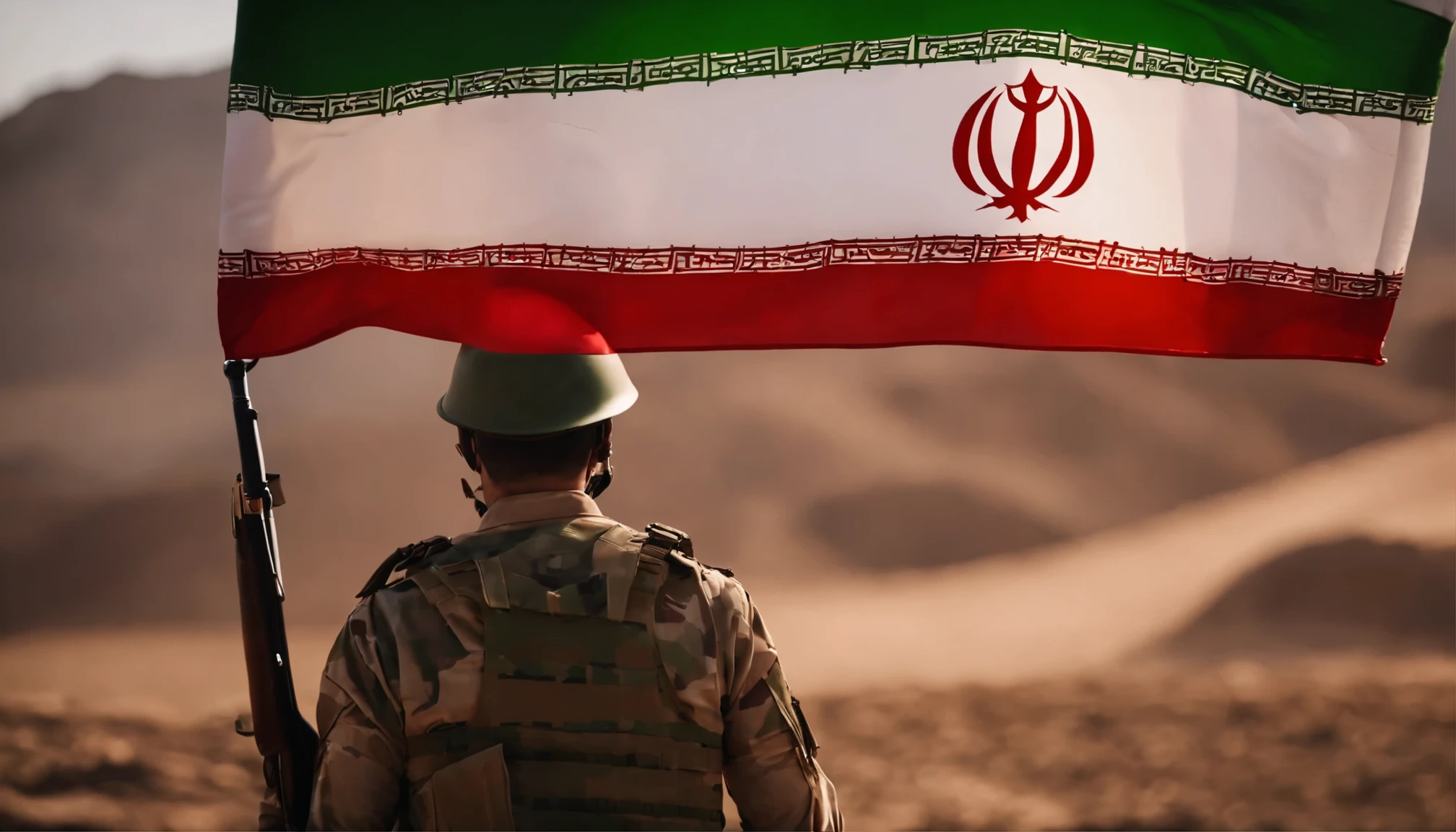 IRAN ARMY SOLDIER WITH A FLAG IN HAND, contemporary epic scene
