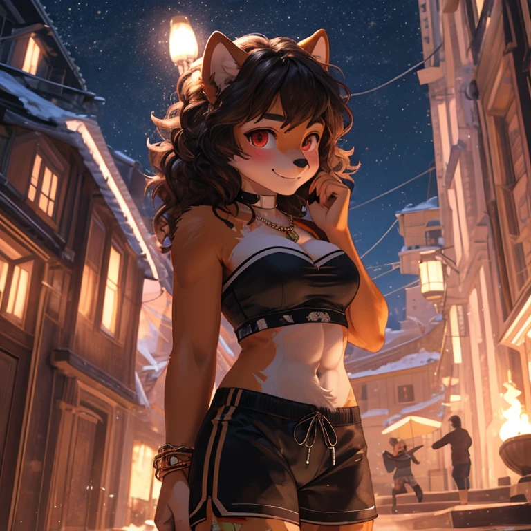 mobian, hedgehog, two-tone fur ((orange fur, brown fur)), pyjama elastic shorts, strapless crop top, cleavage, high-top sneakers, two-tone hair (brown hair, black tip)), curly hair, halo, sunglasses, jewelry, red eyes, longeyelashes, red eyes, smile, shy, blush, high detail, masterpiece, UHD, anatomically correct, super detail, highres, 4K