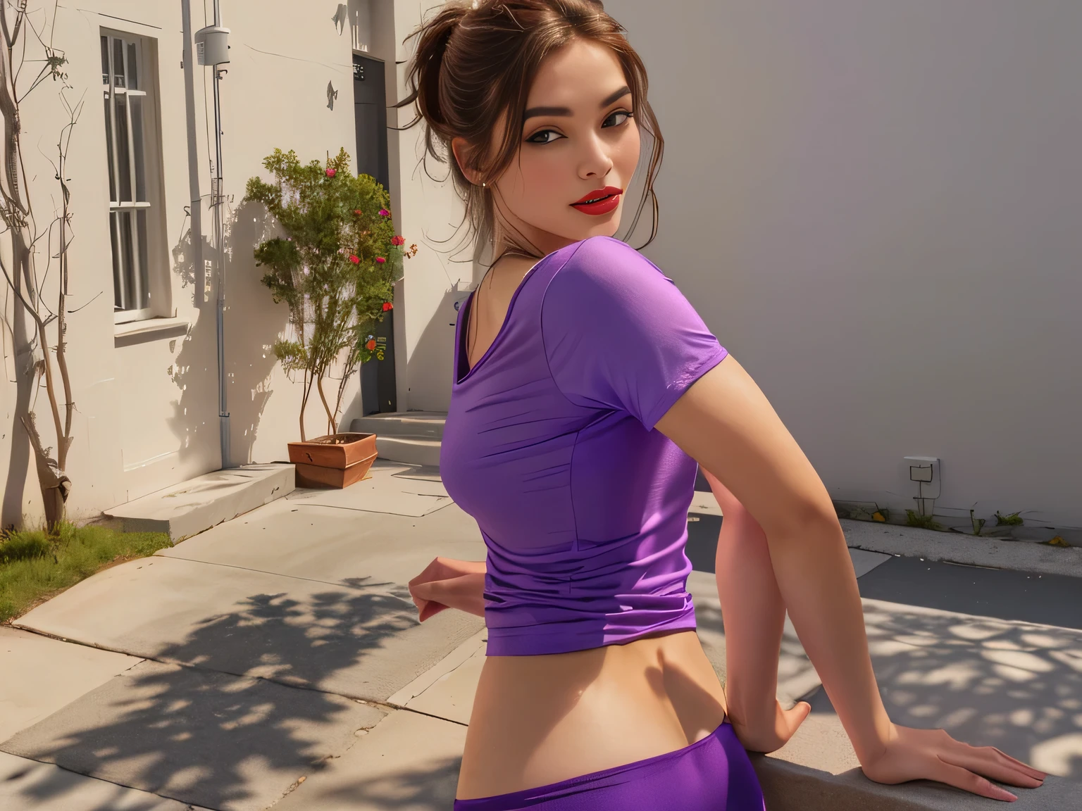 there is a woman outside a house with a dog, medium photo taken from behind, pose, photo taken from behind, view from behind, side photo, arched back, photographed from behind, There is a woman in a purple t-shirt and blue shorts very short, very short and tight blue shorts, wearing a purple t-shirt, a tight purple t-shirt, a purple t-shirt, a violet t-shirt, a tight violet tank top, seen from the front, doing gymnastics, wearing very short blue shorts and a purple t-shirt, wearing clothes tight and simple, left leg resting on the wall. Slim woman with thin waist. Her body exudes glamor and her face is the definition of beauty. Test, highly realistic, reddish skin, beautiful, slightly full lips, red lipstick, feeling of lightness and joy, hyper-realism, very elaborate skin, direct look. Full body photo, clear and high quality photo. Beautiful woman, extremely sexy, very sensual. Masterpiece: 1.3, high resolution, (photographically realistic), 8k, NUDE, NUDITY, NFSW.