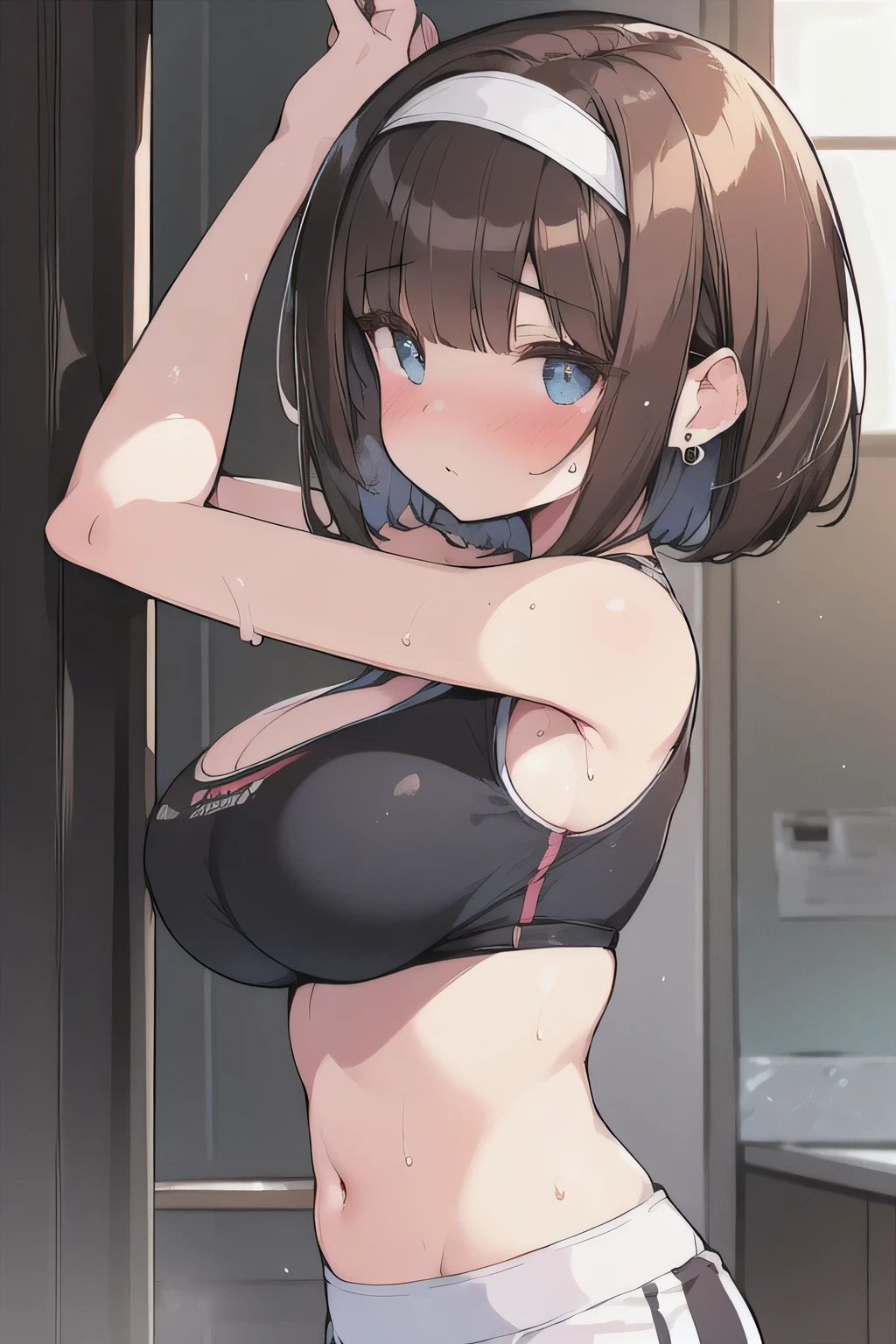 (best quality), (Super detailed), (Best Illustration), (1woman), look at viewer, from side, (gym clothes), (Big Breasts:1.2), {brown hair, (bob cut:1.2), curly hair, hairs between eyes}, {(detailed eyes), heart-shaped pupils, blue eyes}, blush, sweat, steam, earrings, navel, white hairband,