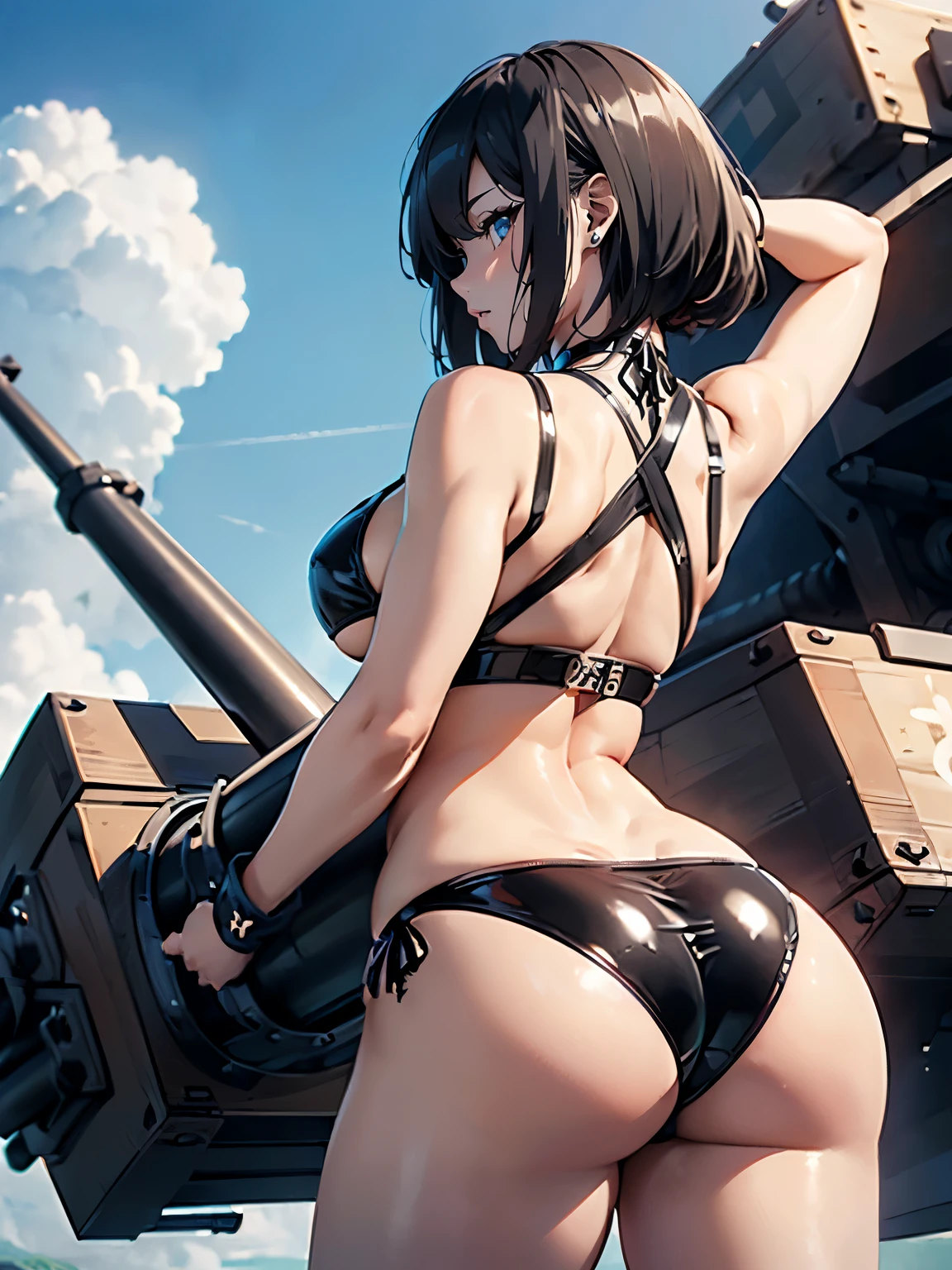((1 lady))、ultra-detailliert, Top image quality, digitial illustration, Seductive Anime Girl, Glossy realistic skin texture、Meticulously drawn hair, Meticulously drawn eye, Sharp Focus, Precise human body structure、Smooth texture、((back view:1.4))、((Combative posing:1.5))、((Holding a big Heavy artillery:1.6))、((bazooka and gatling gun and machinegun))、((dynamism:1.3))、((from below:1.3))、((Being in battle field:1.4))、big panzer、seductive smile、((latex micro bikini:1.3 crop top:1.leeveless))、((crop top navel))、((highleg:1.3))、((huge breasts((huge hip:1.3))、((thick thighs))、curvy
