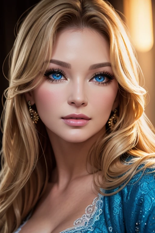 (Masterpiece, Professional lighting, 16k, 8k wallpaper, raw photo, photorealistic:1.8, ultra detailed, natural lighting, detailed skin, detailed face, detailed eyes), 1 beautiful girl, long curly blond hair with bangs, necklace, blue eyes, sexy gaze