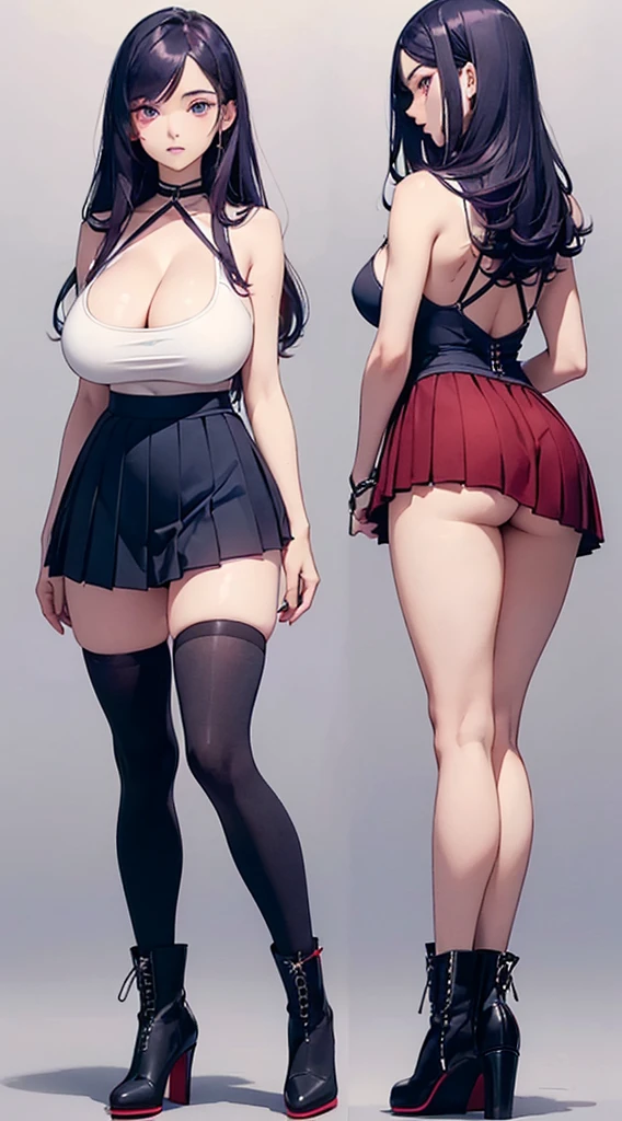 (Best quality, 8K, 12), 1 white girl, 18 years old, long dark purple hair, red eyes, (((full body))), giant breast, curvy, (((ultra detail face, ultra-detailed eyes))), slender eyes, ultra detailed lips, ultra detailed body, ultra detailed breast, convex areolas, (((white tank top with big neckline, cleavage, dark blue pleated skirt, thick legs visible, high heel black boot, red shoelace))), standing, (((back view))), looking the viewer, (((full body back view))), neutral gray background