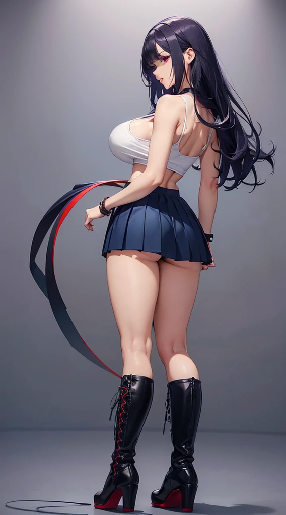 (Best quality, 8K, 12), 1 white girl, 18 years old, long dark purple hair, red eyes, (((full body))), giant breast, curvy, (((ultra detail face, ultra-detailed eyes))), slender eyes, ultra detailed lips, ultra detailed body, ultra detailed breast, convex areolas, (((white tank top with big neckline, cleavage, dark blue pleated skirt, thick legs visible, high heel black boot, red shoelace))), standing, (((back view))), looking the viewer, (((full body back view))), neutral gray background