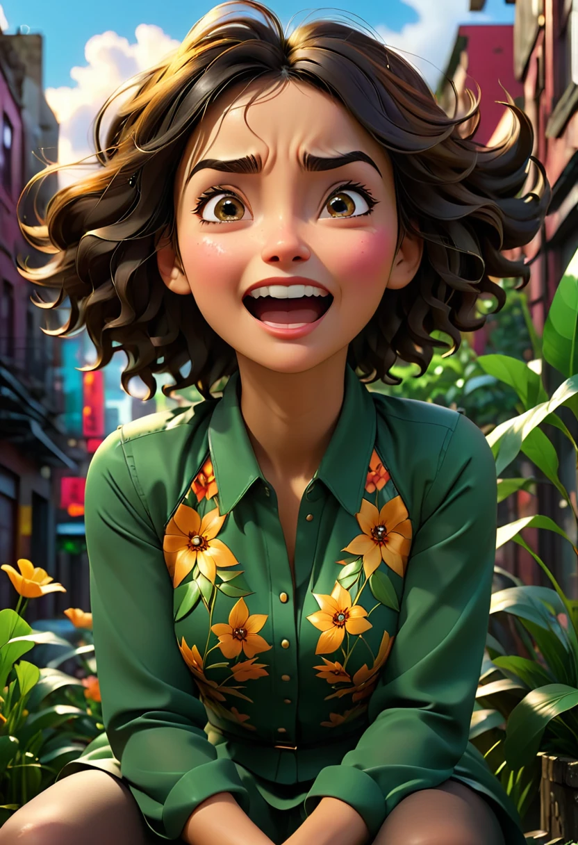 An awe-inspiring 3D render of a woman seated in a dramatic, cinematic environment, showcasing a striking display of emotions. Her initial expression is one of happiness, with a bright smile and eyes sparkling with joy. Next, she transitions to an angry expression, her eyebrows furrowed and jaw clenched. Then, the sadness takes over, her eyes glistening with tears and her lips quivering. Finally, she displays a feeling of shame, her eyes downcast, and her body language indicating humility. The vibrant background features a blend of natural and urban elements, with lush greenery, cityscapes, and a colorful sky. The atmosphere is intense and powerful, encapsulating the essence of a profound emotional journey., cinematic, vibrant, photo, 3d render