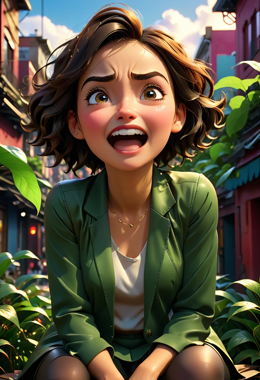 An awe-inspiring 3D render of a woman seated in a dramatic, cinematic environment, showcasing a striking display of emotions. Her initial expression is one of happiness, with a bright smile and eyes sparkling with joy. Next, she transitions to an angry expression, her eyebrows furrowed and jaw clenched. Then, the sadness takes over, her eyes glistening with tears and her lips quivering. Finally, she displays a feeling of shame, her eyes downcast, and her body language indicating humility. The vibrant background features a blend of natural and urban elements, with lush greenery, cityscapes, and a colorful sky. The atmosphere is intense and powerful, encapsulating the essence of a profound emotional journey., cinematic, vibrant, photo, 3d render