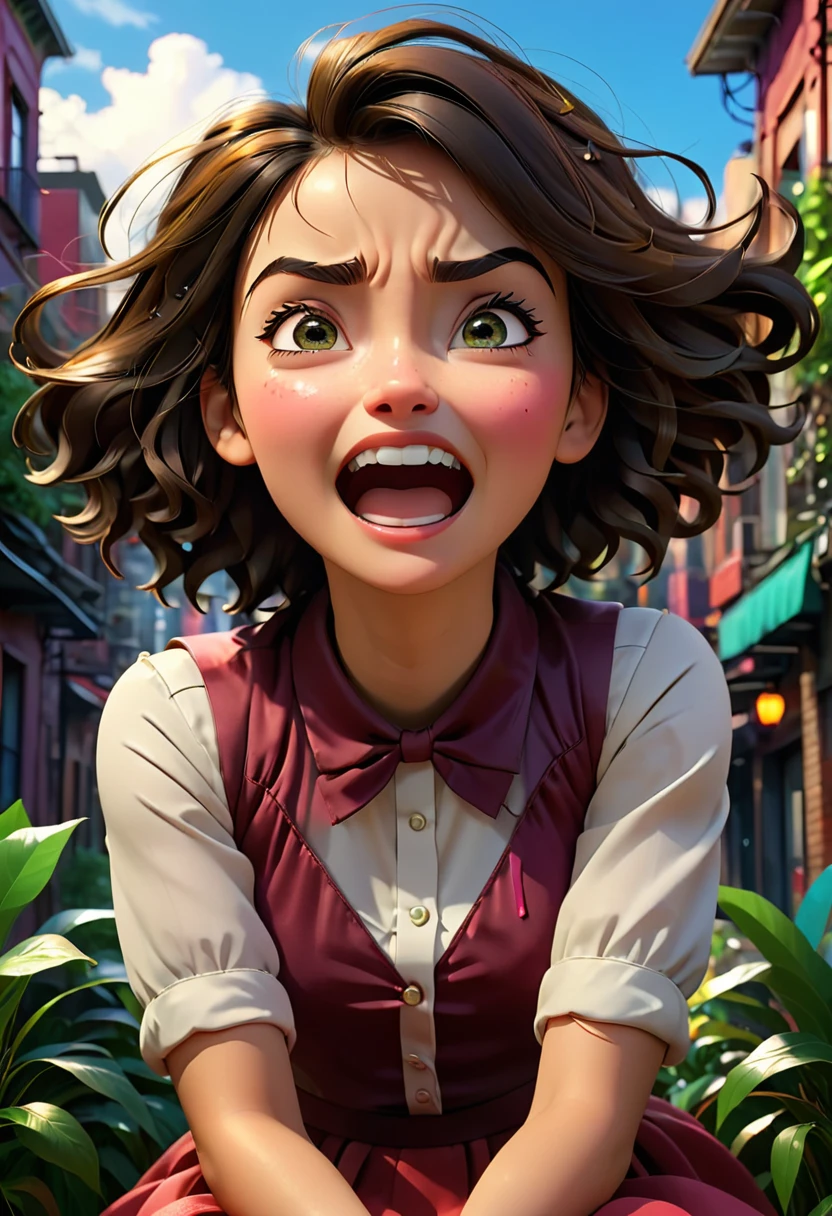 An awe-inspiring 3D render of a woman seated in a dramatic, cinematic environment, showcasing a striking display of emotions. Her initial expression is one of happiness, with a bright smile and eyes sparkling with joy. Next, she transitions to an angry expression, her eyebrows furrowed and jaw clenched. Then, the sadness takes over, her eyes glistening with tears and her lips quivering. Finally, she displays a feeling of shame, her eyes downcast, and her body language indicating humility. The vibrant background features a blend of natural and urban elements, with lush greenery, cityscapes, and a colorful sky. The atmosphere is intense and powerful, encapsulating the essence of a profound emotional journey., cinematic, vibrant, photo, 3d render