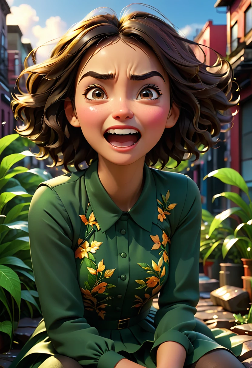 An awe-inspiring 3D render of a woman seated in a dramatic, cinematic environment, showcasing a striking display of emotions. Her initial expression is one of happiness, with a bright smile and eyes sparkling with joy. Next, she transitions to an angry expression, her eyebrows furrowed and jaw clenched. Then, the sadness takes over, her eyes glistening with tears and her lips quivering. Finally, she displays a feeling of shame, her eyes downcast, and her body language indicating humility. The vibrant background features a blend of natural and urban elements, with lush greenery, cityscapes, and a colorful sky. The atmosphere is intense and powerful, encapsulating the essence of a profound emotional journey., cinematic, vibrant, photo, 3d render