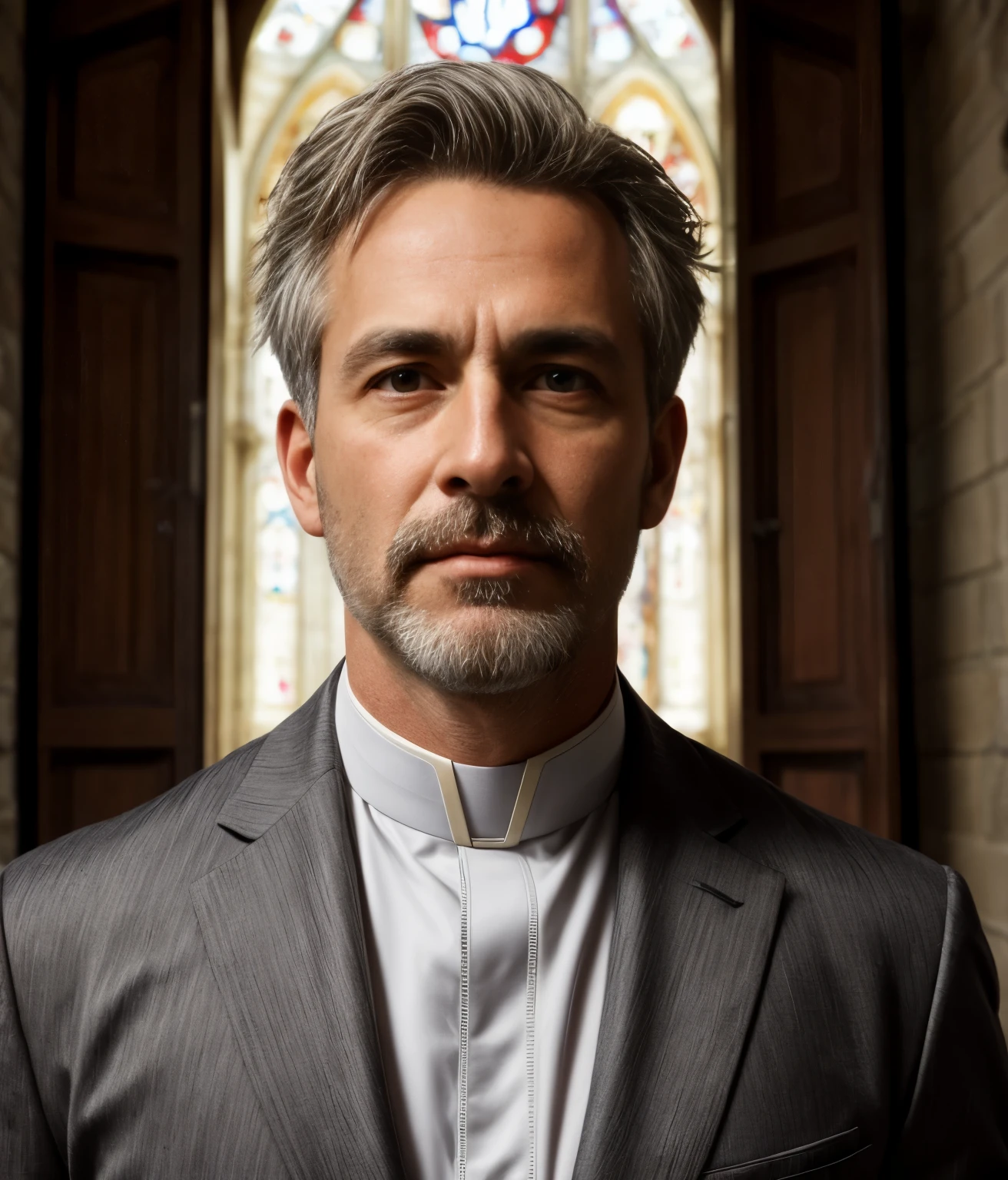 masterpiece, best quality, high resolution, closeup portrait, male focus, solo focus, A man, 50 years old, with priest uniform, priesf suit, priest father, silver grey hair, messy hairstyle, cute and seductive face, bare chest, body hair, facial hair, roman nose, scruffy, hairy abs, skinny body, hairy legs, dimples, beard, bold jawline , in the background a church back room, view from below, amazing composition, front view, HDR, ultra quality, elegant, highly detailed, sexual tension, seductive
