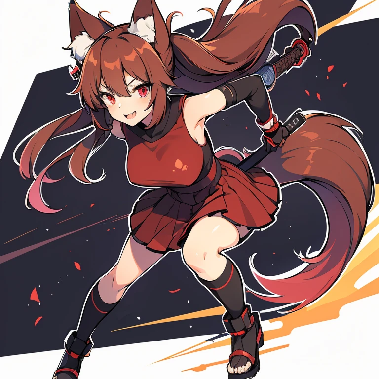 Only adult girl,Anime fox girl,animal ears,fox ears,large hair,long hair,fuffly hair,dark red  hair,intense red eyes,gorgeus smile mouth,large breast,, short middle dress,kemono dress, sexy fighter suit,red dress,fluffy tail,fox tail,dark red tail,long middle tail, black legs,full body,complete anatomy, black katana,katana in hand,black ninja shoes, ninja shoes, stay in a sexy fight pose,full 4k hd,high definition