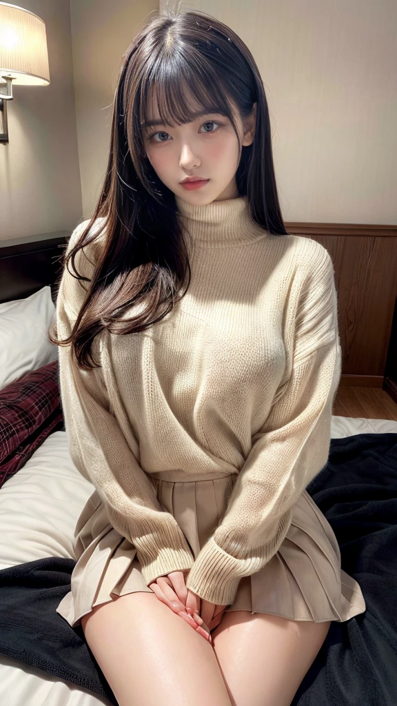 muste piece, best quality, illustration, Super detailed, fine details, High resolution, 8K,wall paper, perfect dynamic composition,(Details High quality, realistic depiction of eyes:1.3), Oversized turtleneck light beige sweater, pleated skirt, straight hair, large breasts, black hair color, Big Natural Color Lip, (perfect body shape), crying a little、cold gaze, Harajuku style、20 year old girl、cute type、ta、beautiful legs, hotel room, Gravure Idol, Voluptuous thighs, (woman on top, straddling, sitting)