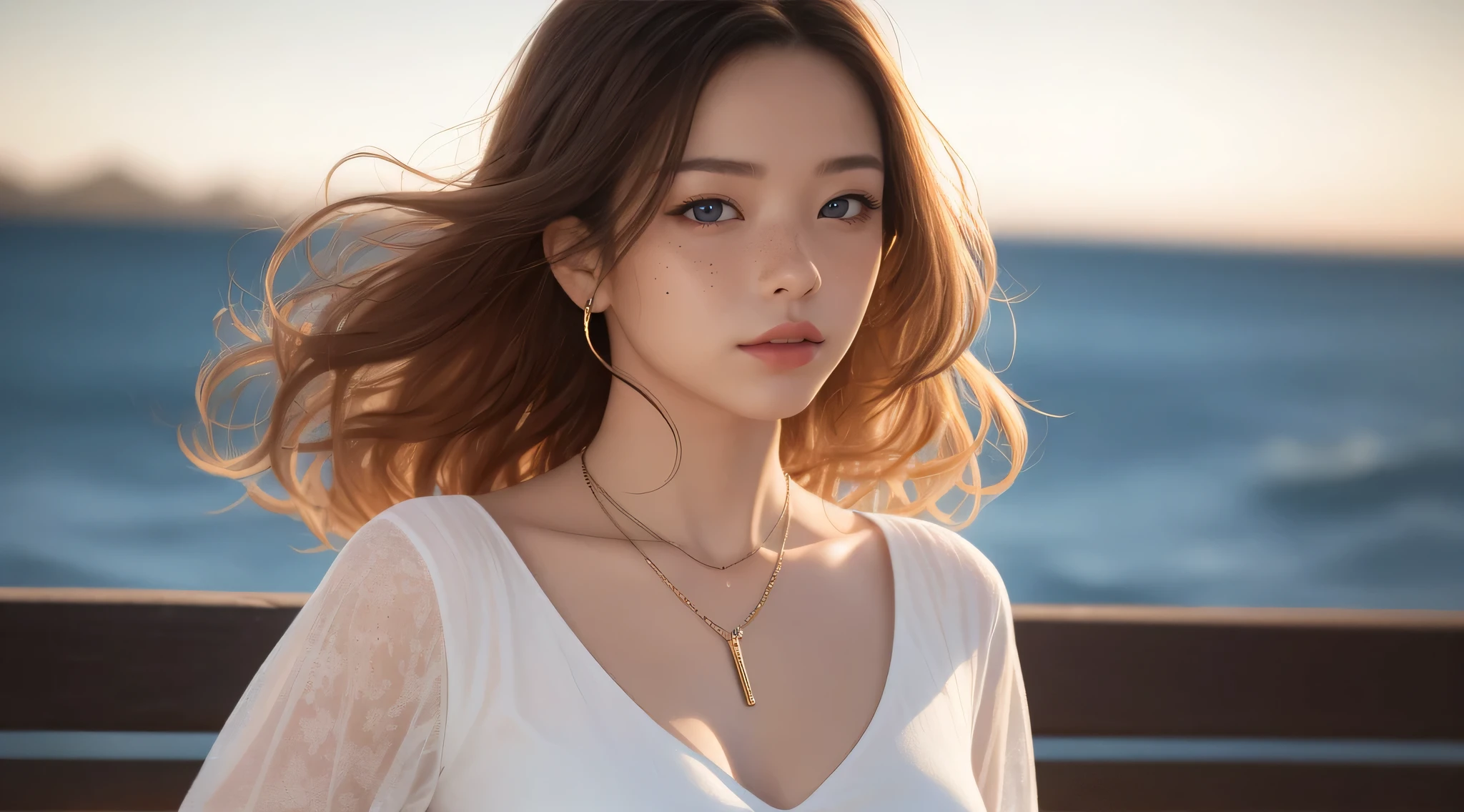 One girl, Bellissima, Side Up、Blonde, blue eyes, Blurred, Blurred background, chest, Brown eyes, Brown Hair, Curly Hair, denim, dress, freckles, From the side, jewelry, lips, Long Hair, View your viewers, necklace, Open clothes, Realistic, shirt, alone, Upper Body, Wavy Hair, white dress, masterpiece, highest quality, Unrealistic_Engine 32k