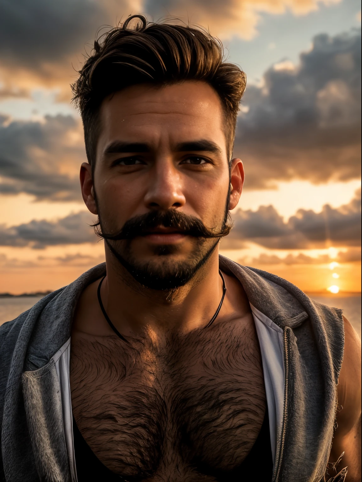 masterpiece, best quality, high resolution, closeup portrait, male focus, solo focus, A man, 35 years old, with sailor clothes, blonde bleached hair, messy hair, bare chest, body hair, facial hair, roman nosey very skinny body, hairy legs, dimples, goatee and mustache, bold jawline , in the background a boat and sunset skies,  amazing composition, front view, HDR, ultra quality, elegant, highly detailed