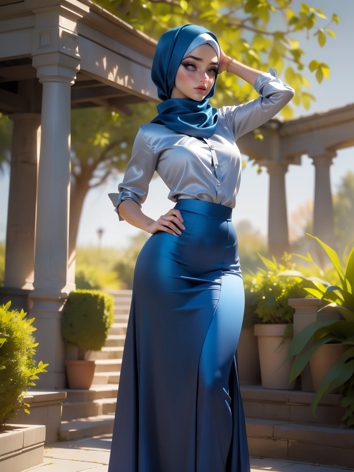 3DMM, ((Masterpiece, best quality, photography, detailed skin, realistic, photo-realistic, 8k, highly detailed, full length frame, High detail RAW color art, diffused soft lighting, shallow depth of field, sharp focus, hyperrealism, cinematic lighting, hijab, a woman in a beautifully makeup, smokey eyeshadow, beautiful big eyes, long eye lashes, wearing (Dark blue satin hijab), loosely tide hijab style, ((gray satin shirt)), satin long maxi skirt, dancing under tree, garden