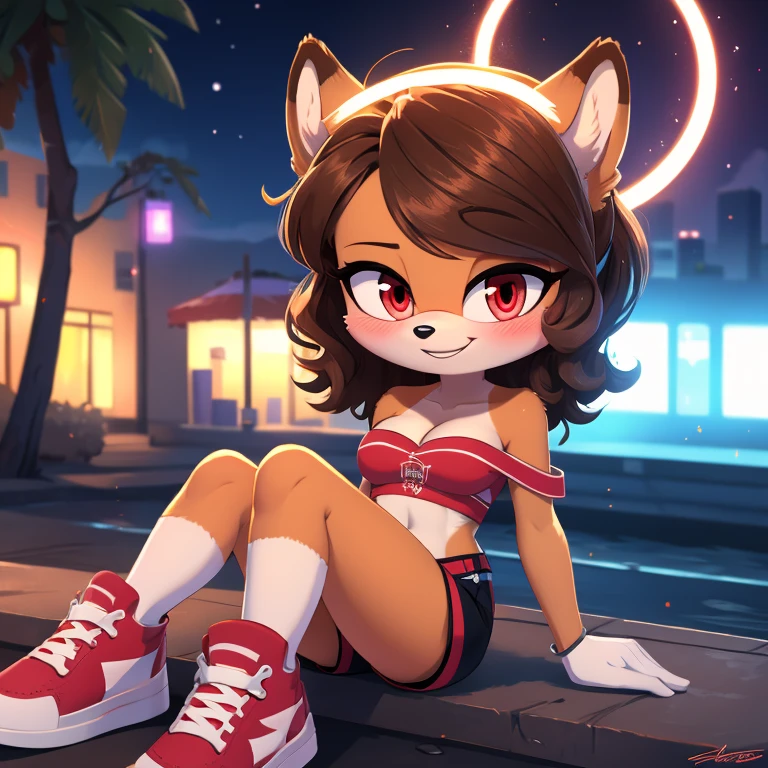 mobian, hedgehog, two-tone fur ((orange fur, brown fur)), pyjama elastic shorts, strapless crop top, cleavage, high-top sneakers, two-tone hair (brown hair, black tip)), curly hair, halo, sunglasses, jewelry, red eyes, longeyelashes, red eyes, smile, shy, blush, high detail, masterpiece, UHD, anatomically correct, super detail, highres, 4K