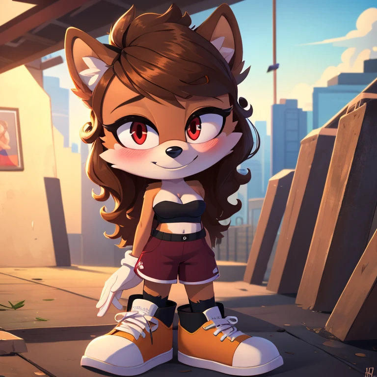 mobian, hedgehog, two-tone fur ((orange fur, brown fur)), pyjama elastic shorts, strapless crop top, cleavage, high-top sneakers, two-tone hair (brown hair, black tip)), curly hair, halo, sunglasses, jewelry, red eyes, longeyelashes, red eyes, smile, shy, blush, high detail, masterpiece, UHD, anatomically correct, super detail, highres, 4K