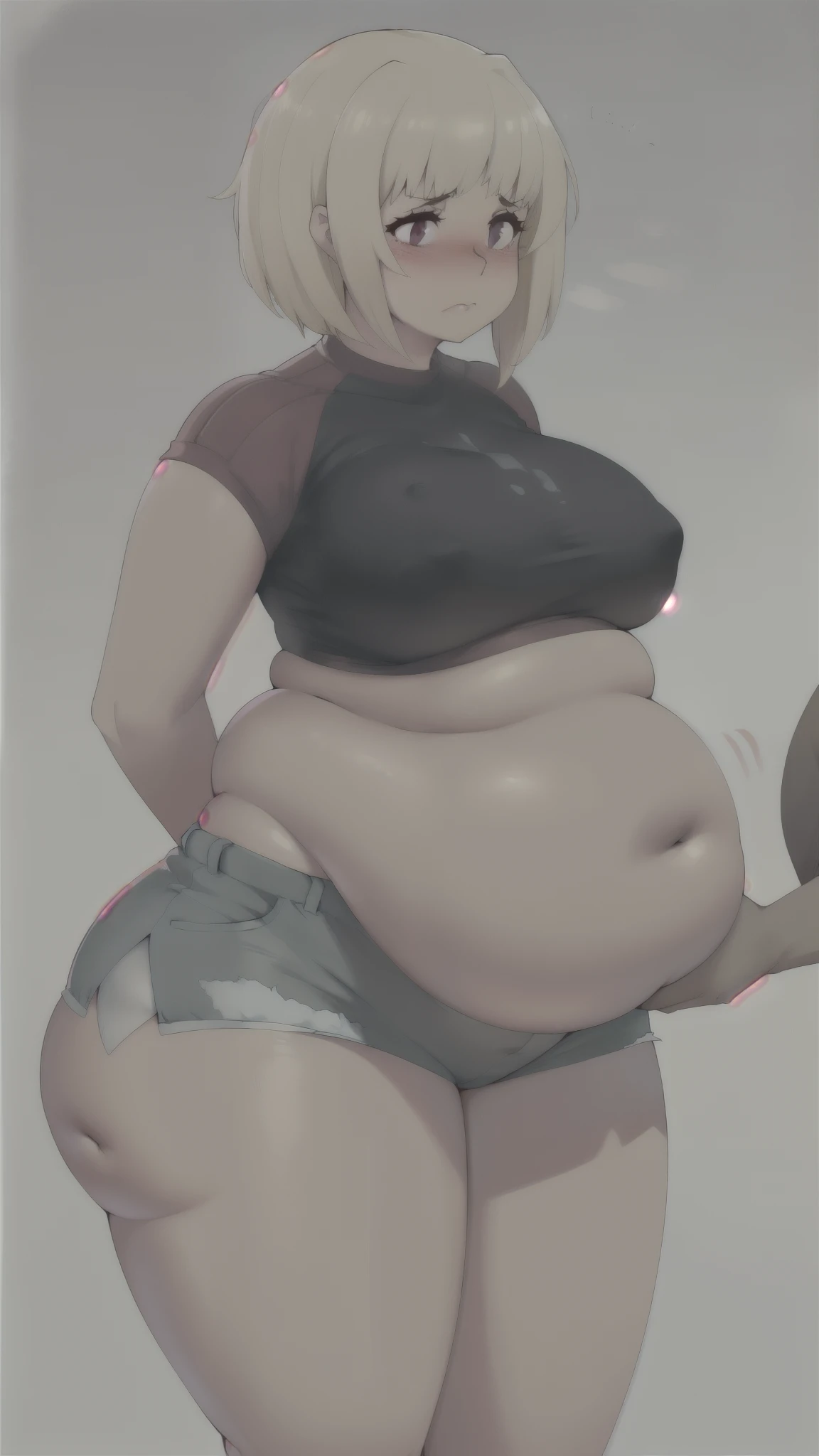 (masterpiece, best quality, highres), blush, embarrassed, 1girl, chubby belly, thick thighs, wide hips, art by kipteitei, blonde hair, short hair, messy hair, shorts, crop top, arms behind back, simple background, gradient background,