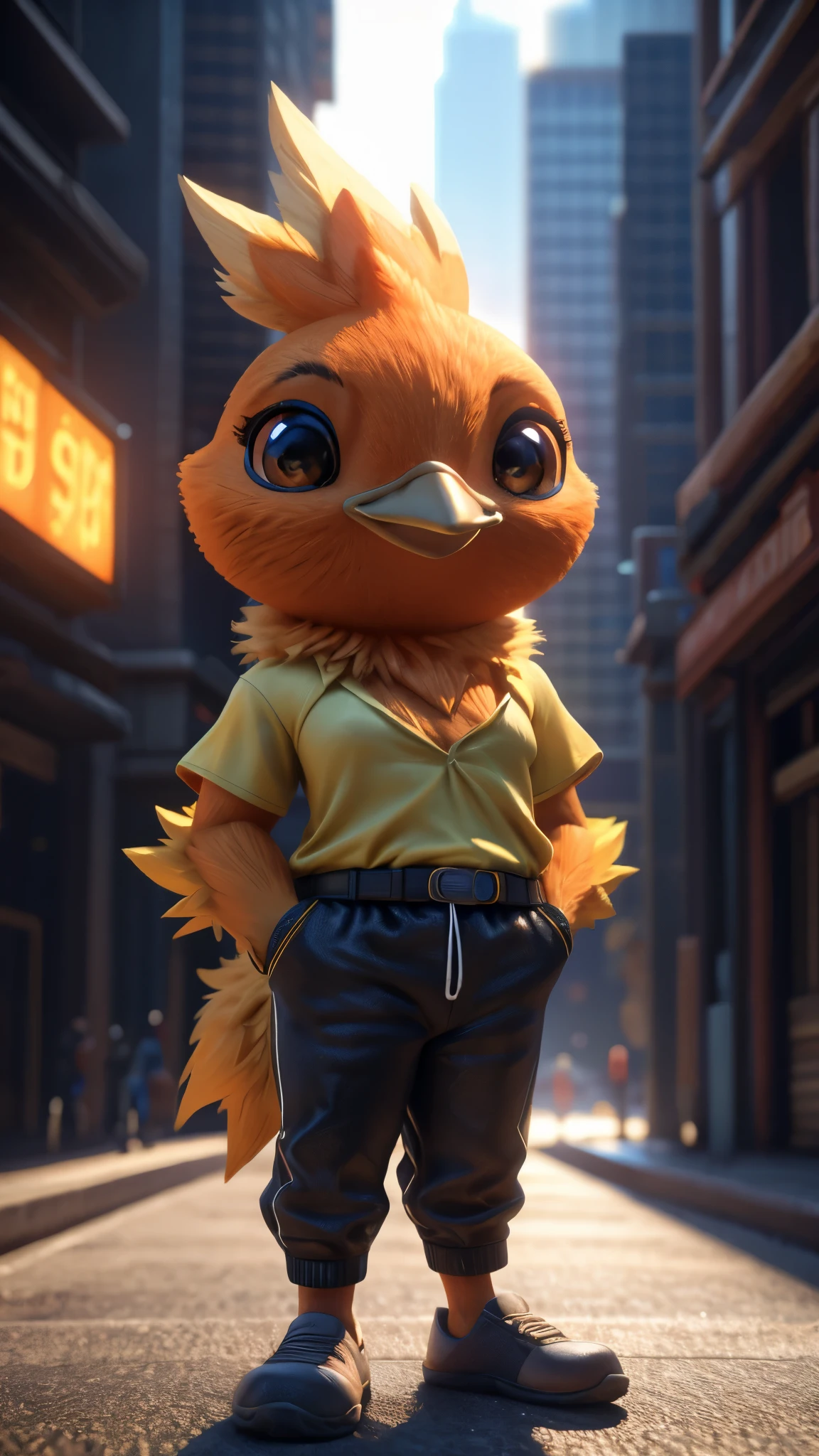 male , bird, torchic, background, (cinematic lighting:1.1), (perfect focus:1.1), 8k hd, (detailed eyes:1.2),depth of field, bokeh, subsurface scattering, perfect breasts, wide ,((cyber shirt and cyber pants  )),bright colors, (furry detail:1.3),detailed background, realistic, photorealistic, ultra realistic,in a futuristic technological place ,realistic, photorealistic ,smile,(fluffy:1.3), furry, buff, (realistic fur:1.1), (extreme fur detail:1.2),((light orange fur)),(Black pupil, brown  eyes,pixar style eyes),torchic tail,3d pixar legs, with pectorals.