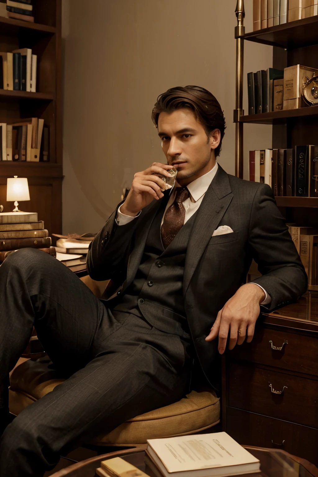 Um homem elegante, Dressed in a flawless suit, is sitting in a cozy office, surrounded by books and vintage decorative objects. He holds a bottle of perfume in his hand and smells it carefully..