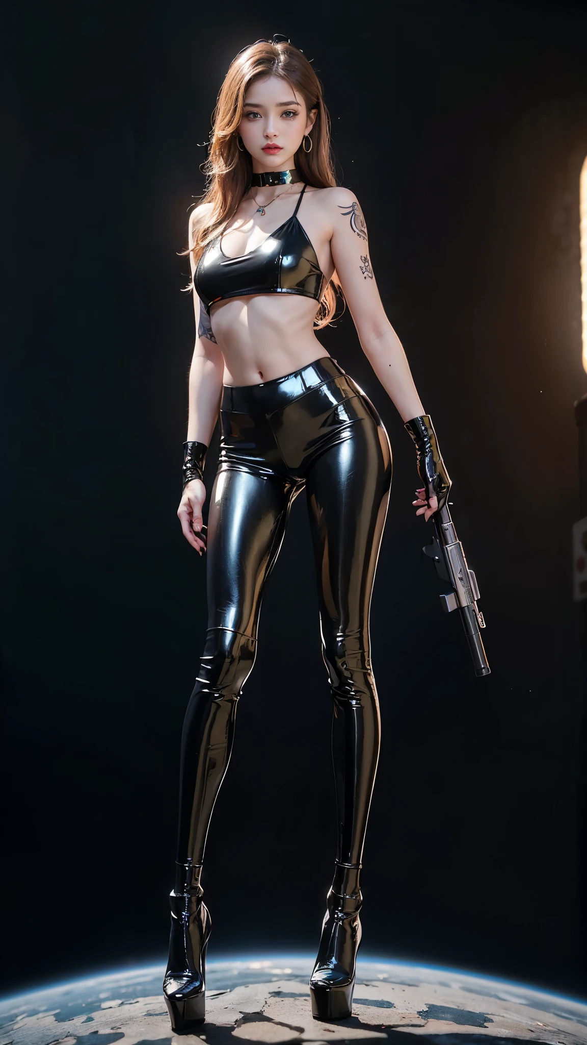 ((masterpiece:1.4)、(highest quality:1.4)、(Realistic:1.7))、Masterpiece:1.4、(Top-notch rendering:1.4)、(Space Federation 3WA Special Agency Female Officer:1.4)、Super Beautyエージェント、(By Luis Royo:1.4)、(Ready your gun?:1.2)、(Futuristic sci-fi battle fashion:1.2)、(Street Style Wear)、(Tight Fit Pants)、(Shiny luxury latex:1.4)、(Luxury Red Latex:1.4)、22 years old、(Cute Tattoos:1.4)、(Wearing black gloves)、Cute Girl、Super Beauty、(Seductive pose)、Sharp Focus、Portrait Photography:1.4、8k、Photorealistic images:1.4、(Perfect female body:1.4)、Perfect proportions、(Standing:1.4)、(Full body photography:1.4)、Beautiful Face、Fearless look、Beautiful Eyes、(A girl with a beautiful body and slender abdominal muscles)、(Narrow waist:1.4)、(9-body proportions beautiful girl:1.4)、(A beautiful girl with long legs and a good figure:1.4)、Beautiful feet:1.2、(Long Hair:1.2)、Heavy makeup、Eyeshadow、Glow Eye、Glow Lip、Beautiful breasts、Large Breasts:1.2、sexy ass、(Standing facing forward:1.4)、Raw photo、Red lips、Red high heels:1.4、choker:1.4、necklace:1.4、Earrings:1.4、1 Screen Display:1.4、Beautiful night view of cyberpunk city:1.2