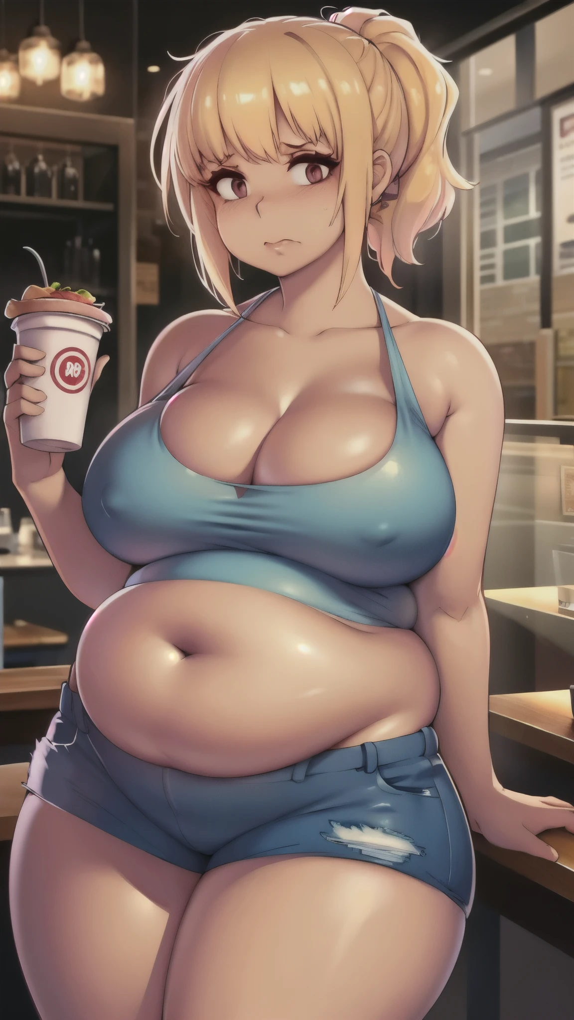 ((highres)), Masterpiece, high quality, best quality, beautiful, perfect lighting, detailed face, ultra cute face, looking at viewer, embarrassed, blushing, cleavage, large breasts,1girl, big belly, belly grab, thick thighs, wide hips, art by kipteitei, blonde hair, short hair, ponytail, shorts, crop top, arms behind back, (fast food restaurant),