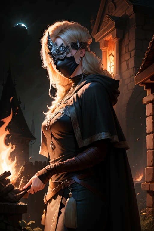 Firekeeper - Dark Souls 3, mask, ig model | artgerm, extremely detailed artgerm, hyperrealistic fantasy art, artwork in the style of guweiz, artgerm and wlop, wlop and artgerm, alena aenami and artgerm, artgerm. anime illustration, dark moody atmosphere, solar eclipse, outside, stars, bon fire