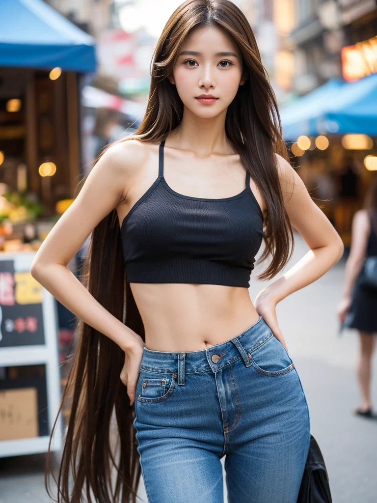 Realistic, 1 girl, long brown hair, slim body,slim face, jeans skirt, crop top, city street,
market, bokeh,