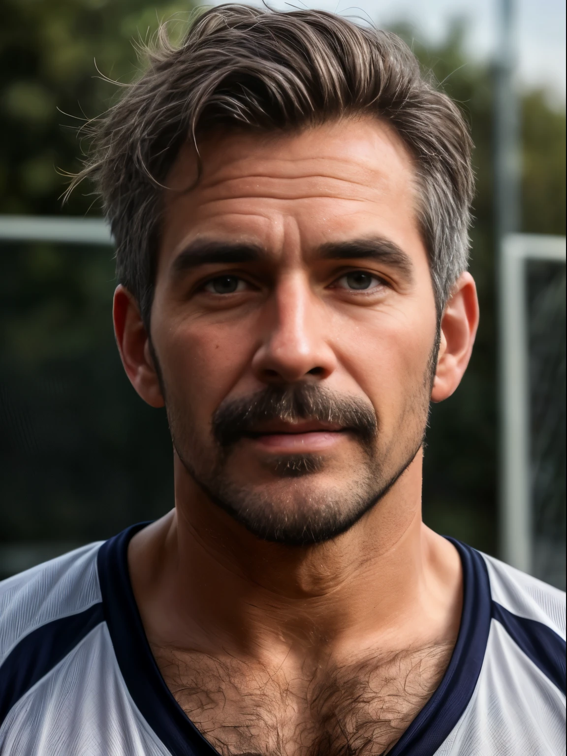 masterpiece, best quality, high resolution, closeup portrait, male focus, solo focus, A man, 50 years old, grey hair, soccer player, football player, grey silver hair, messy hairstyle, cute and seductive face, bare chest, body hair, facial hair, roman nose, very skinny body, hairy legs, cute, dimples, goatee and mustache, bold jawline , full body, sweaty, in the background an outdoor soccer football field,  view from below, amazing composition, front view, HDR, ultra quality, elegant, highly detailed, fully naked, beautiful penis, realisric male genitalia, male penis, penis, cock, dick, veiny dick