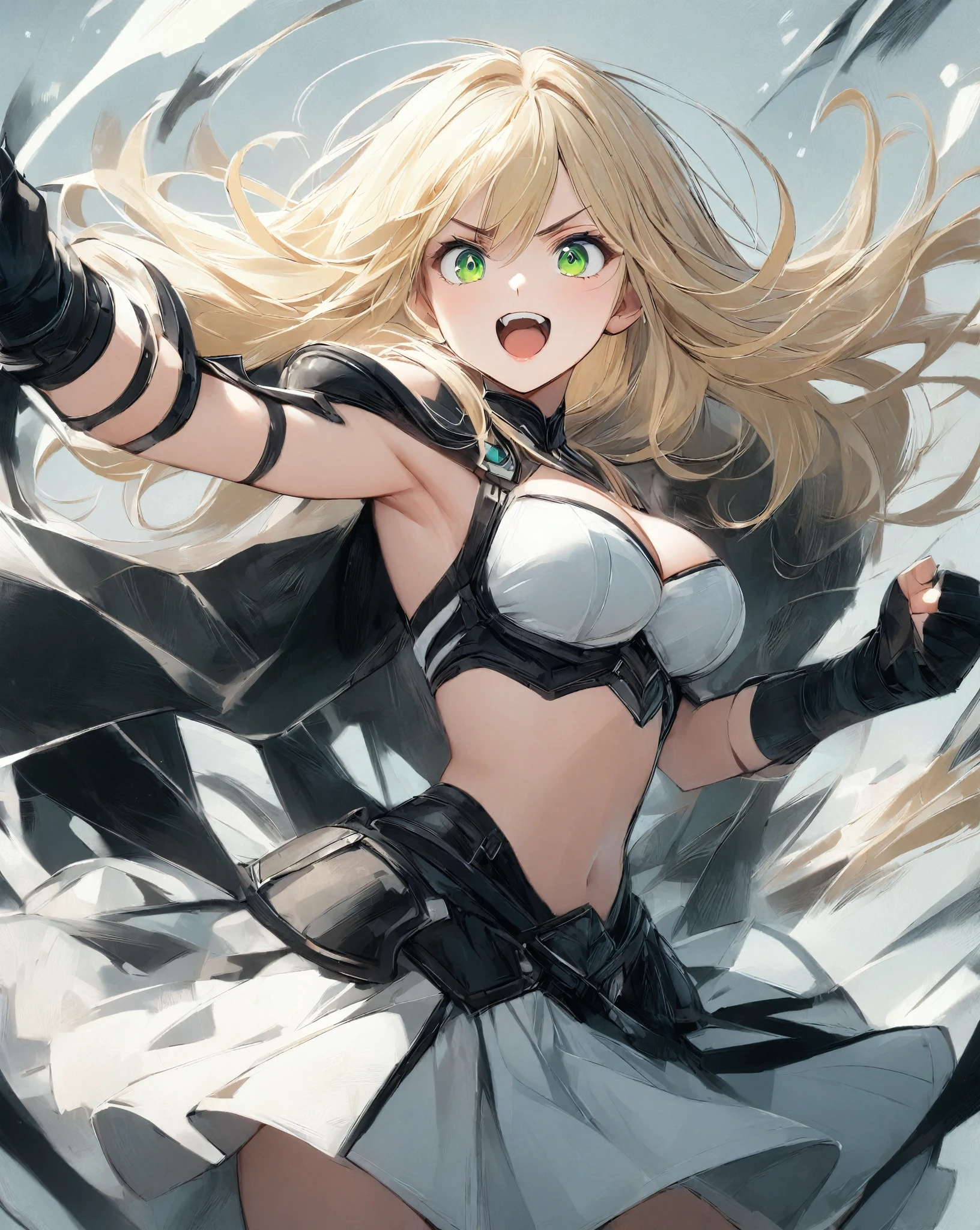 positive:(score_9,score_8_up,score_7_up,score_6_up,score_5_up,score_4_up), masterpiece, Best quality, 1girl, breast, Solitary, Short shoulder-length hair, Cleavage, Blonde pick-dye hair, Delicate green eyes, Bangs, jewelry, skirt, Bare shoulders, sleeveless, Hair between the eyes, 单Scapula, looking at the audience, Fighting Stance, large breast, armor, shoulder armor, sleeveless skirt, Upper Body, Single sleeve, white skirt, Scapula, excited