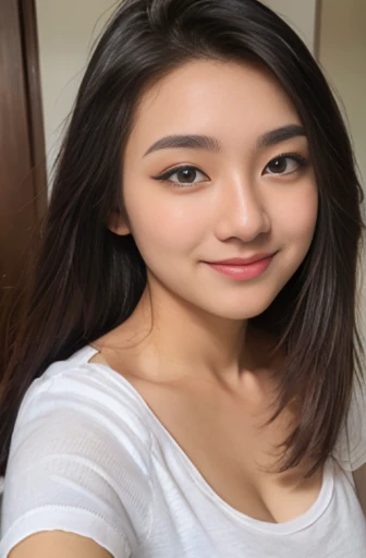 20 years old woman, (photorealistic:1.4, realistic), highly detailed CG unified 8K wallpapers, 1girl, (thick body:0.8), face on camera, (HQ skin:1.4), 8k uhd, dslr, soft lighting, high quality, film grain, Fujifilm XT3, (((black tight t shirt))), (light from backs background), (black long hair), cleavage, big round breasts, half body shots, blushy smile