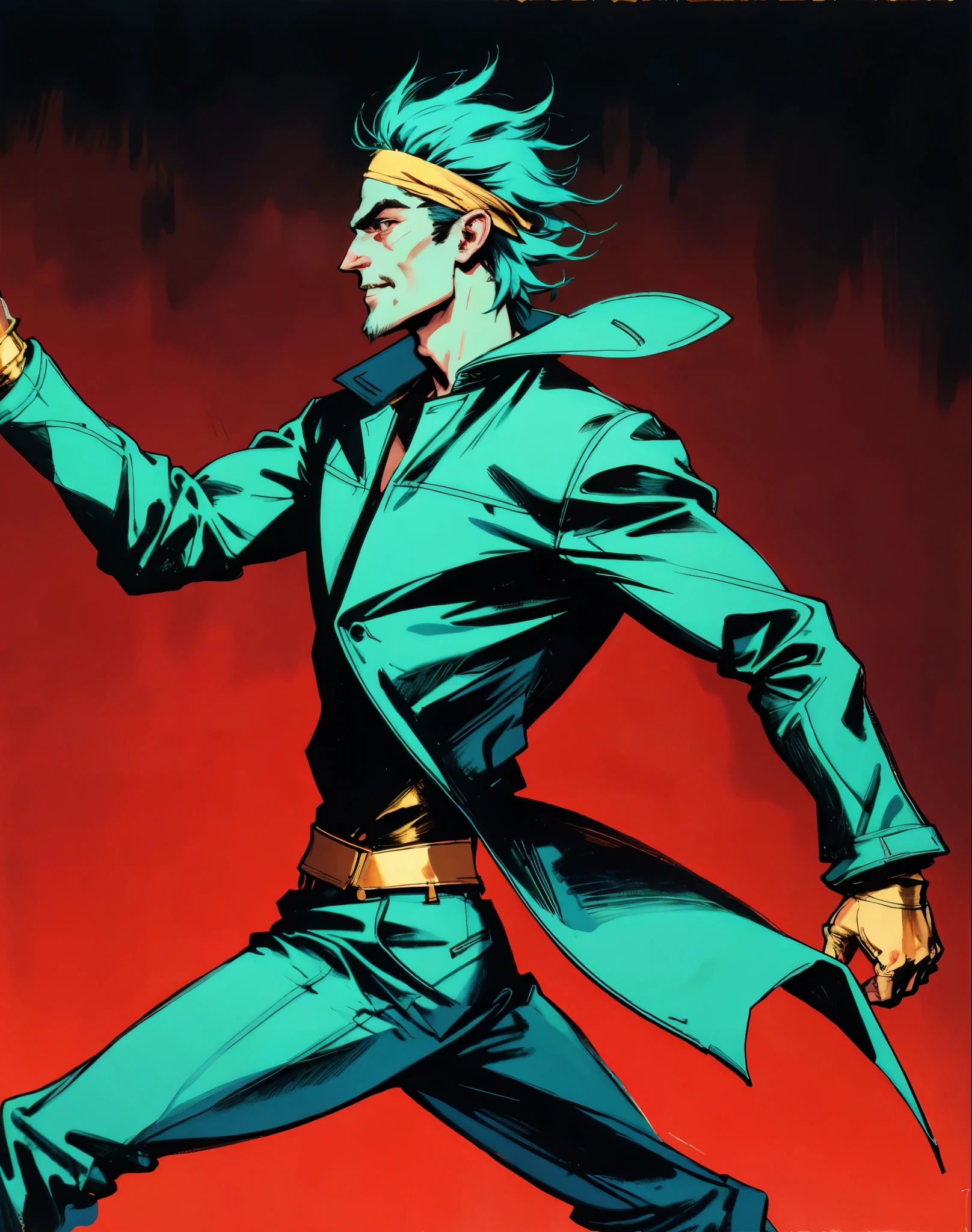 A man with messy grass-green short hair, a white headband tied around his forehead to cover his eyebrows, sharp-eyed with profound eye makeup, distinct facial features, grinning with bared teeth, tall and slender yet sturdy figure, a fantasy-realism style light blue coat, with a dark tight-fitting undershirt underneath, fingerless gloves, coarse cloth trousers, as he races forward, his hair and coat tails flutter in the wind, speed lines, a high-speed scene, this character embodies a finely crafted fantasy-realism style rogue in anime style, exquisite and mature manga art style, high definition, best quality, highres, ultra-detailed, ultra-fine painting, extremely delicate, professional, perfect body proportions, golden ratio, anatomically correct, symmetrical face, extremely detailed eyes and face, high quality eyes, creativity, RAW photo, UHD, 32k, Natural light, cinematic lighting, masterpiece-anatomy-perfect, masterpiece:1.5