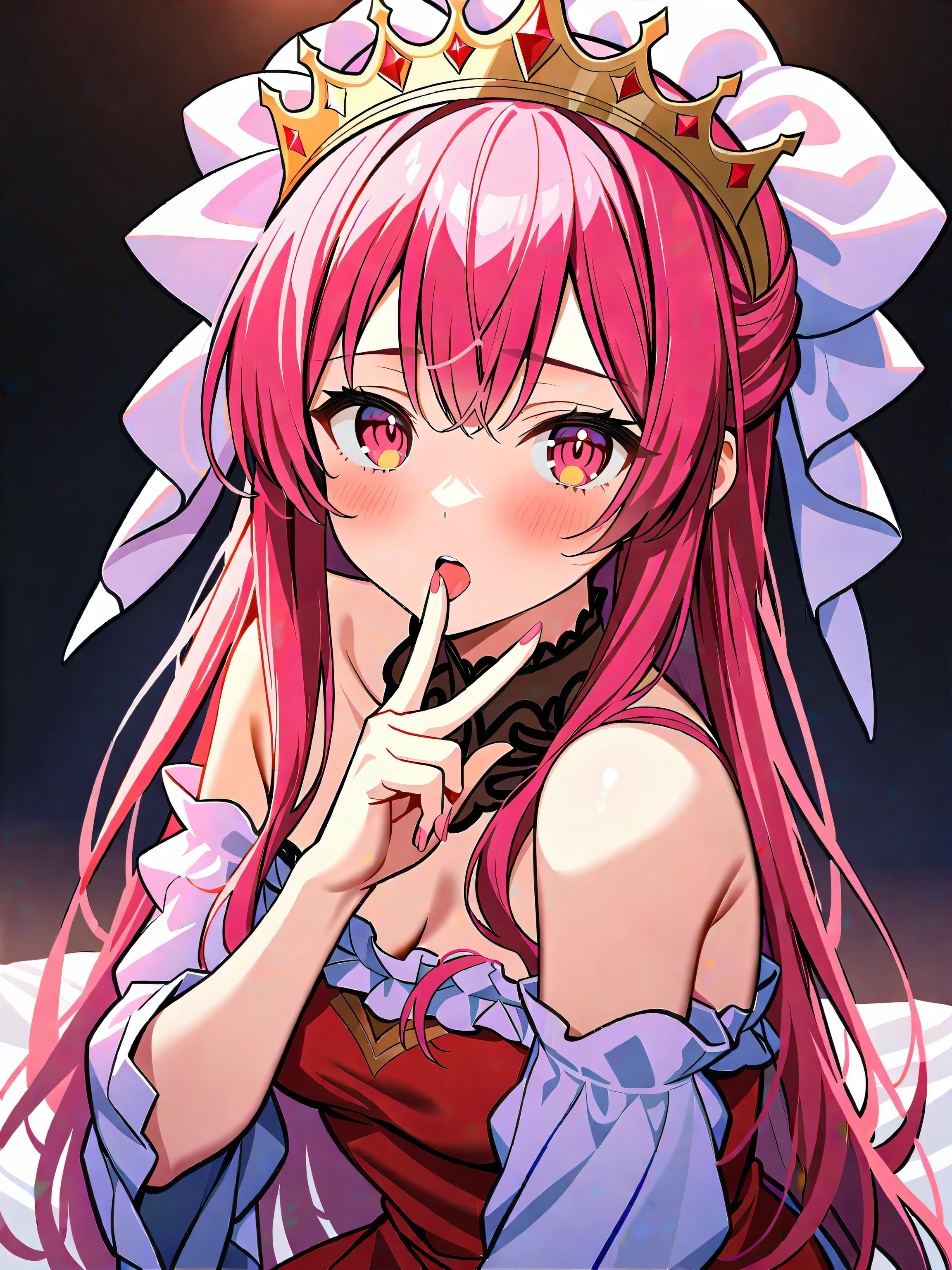 masterpiece, best quality, very aesthetic, absurdres, 1girl, ultra-detailed-hair, tiara, princess , queen, dress, v over mouth, lick,