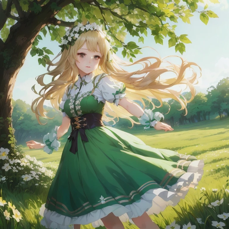 Anime girl in green dress standing in a meadow, , Kschaert Krentz Key Art Feminine, pixiv artstationのguweiz, Beautiful maiden, Magical Forest Maid, Also, goddess of spAlsog, , maAlso kitagawa fanart, Smooth anime CG art, April Rendering, Cute anime waifu in a nice dress