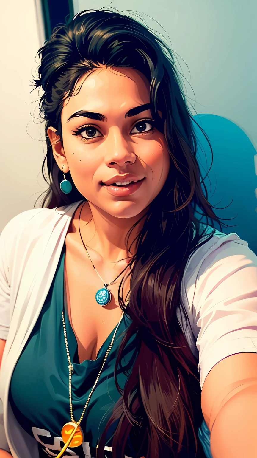 A vector illustration style image of a brown-skinned, Brazilian woman posing for a photo, 35 mm portrait, black hair with blonde highlights over her right shoulder. She is wearing only a white t-shirt and a necklace around her neck with a golden circular pendant. Vector illustration style image with black marked strokes