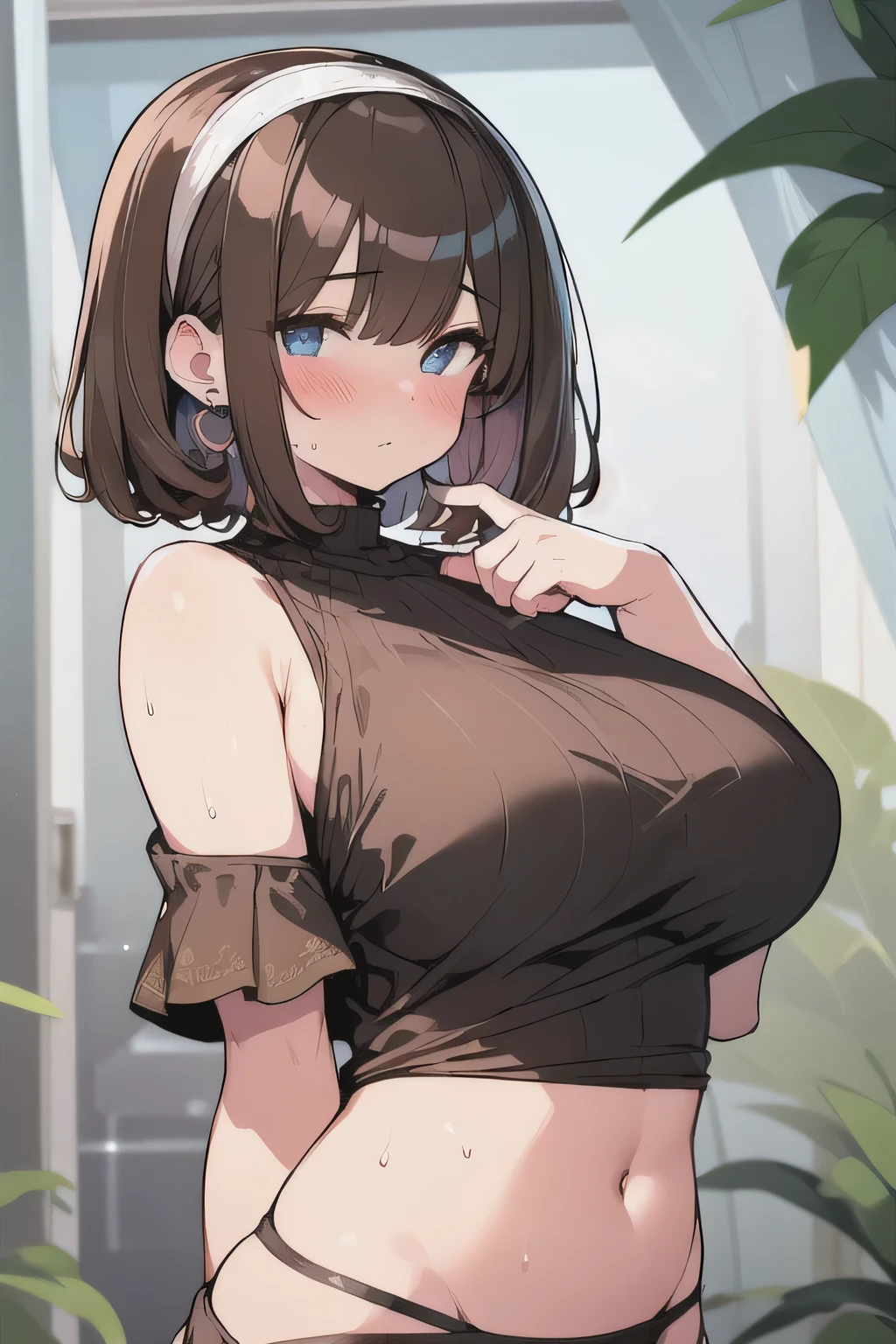 (best quality), (Super detailed), (Best Illustration), (1woman), look at viewer, from bellow, (drop shoulder tee), (Big Breasts:1.2), {brown hair, (bob cut:1.2), curly hair, hairs between eyes}, {(detailed eyes), heart-shaped pupils, blue eyes}, blush, sweat, steam, earrings, navel, white hairband,