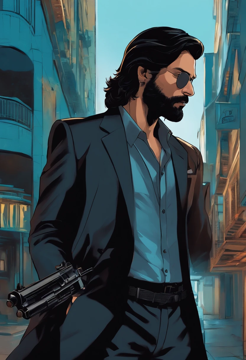A man in black suit and long black hair and short Black beard, holding a pistol in his hand and standing in front on a hotel named Blue dive and behind him SRK  name is displayed 