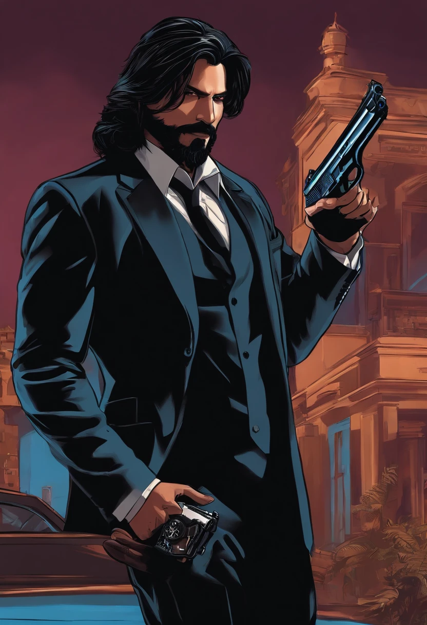 A man in black suit and long black hair and short Black beard, holding a pistol in his hand and standing in front on a hotel named Blue dive and behind him SRK name is displayed
