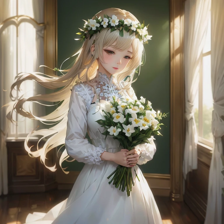 anime girl in white dress holding a bouquet of flowers in front of a window,  in dress, guweiz on pixiv artstation, with flowers, portrait of ta, anime visual of a cute girl, marin kitagawa fanart, guweiz on artstation pixiv, smooth anime cg art, guweiz, artwork in the style of guweiz