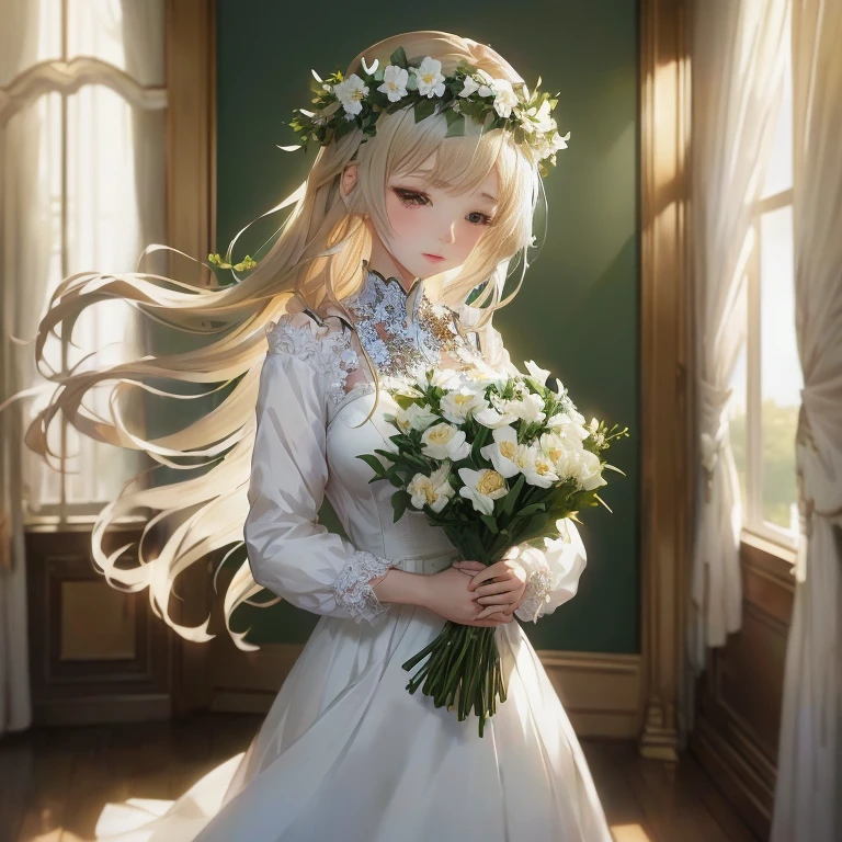 anime girl in white dress holding a bouquet of flowers in front of a window, in dress, guweiz on pixiv artstation, with flowers, portrait of ta, anime visual of a cute girl, marin kitagawa fanart, guweiz on artstation pixiv, smooth anime cg art, guweiz, artwork in the style of guweiz
