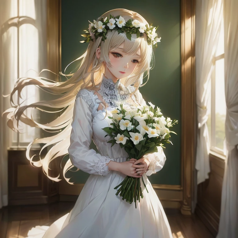 anime girl in white dress holding a bouquet of flowers in front of a window, in dress, guweiz on pixiv artstation, with flowers, portrait of lolita, anime visual of a cute girl, marin kitagawa fanart, guweiz on artstation pixiv, smooth anime cg art, guweiz, artwork in the style of guweiz