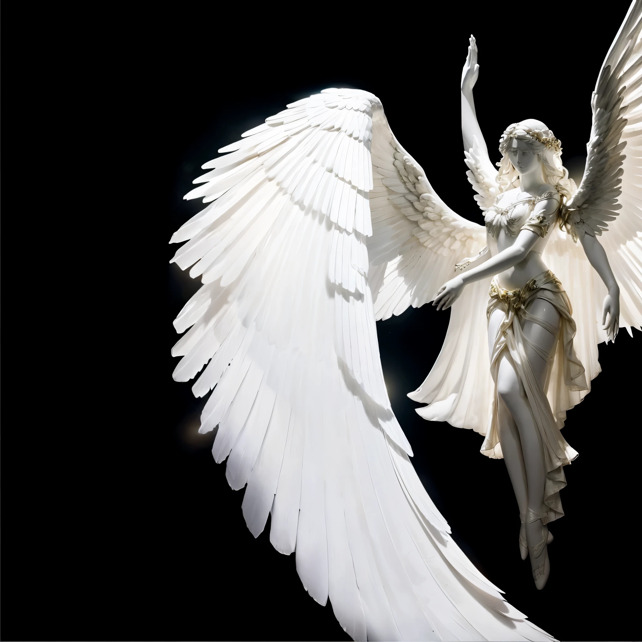 white bright glowing angel on black background, flying pose, right hand above head, right hand toward sky, right hand up, beautiful woman angel, flat statue face, mannequin face, ascending, hand toward sky, one hand up, angelic pose, angel wings facing bottom, ascending wing pose, very big wings, giant angel wings on closeup, closeup angel wings, angel is light source, over exposured angel, masterpiece photo, photorealism, detailed angel wings, real hands, fix hands